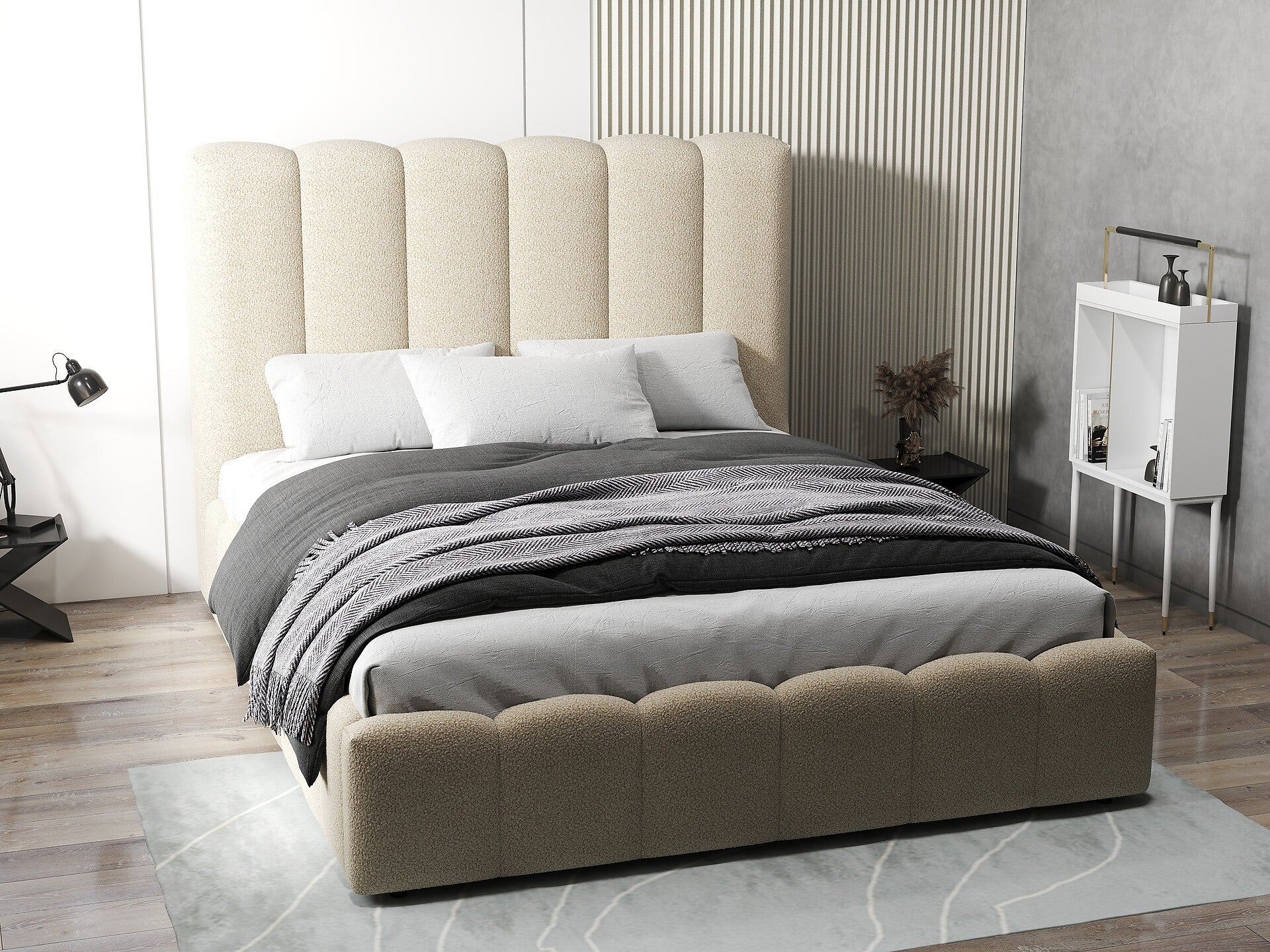 Pat dormitor dumonde, tapitat bej, Milano 160x200 cm, somiera rabatabila inclusa, spatiu depozitare