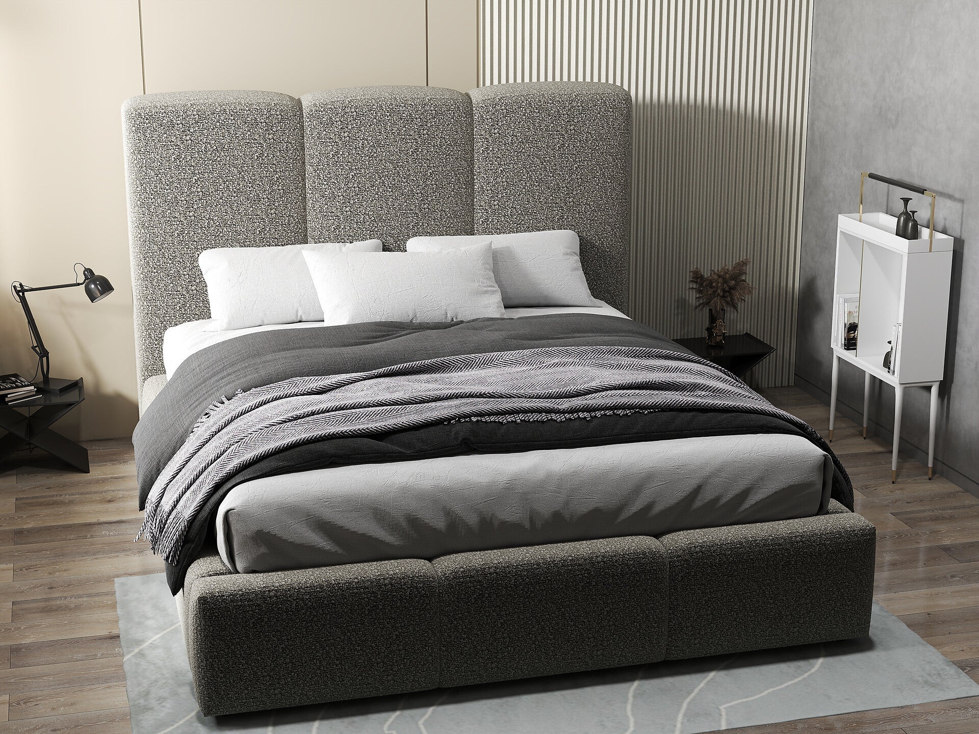 Pat dormitor dumonde, tapitat gri, Dinasty 160x200 cm, somiera rabatabila inclusa, spatiu depozitare