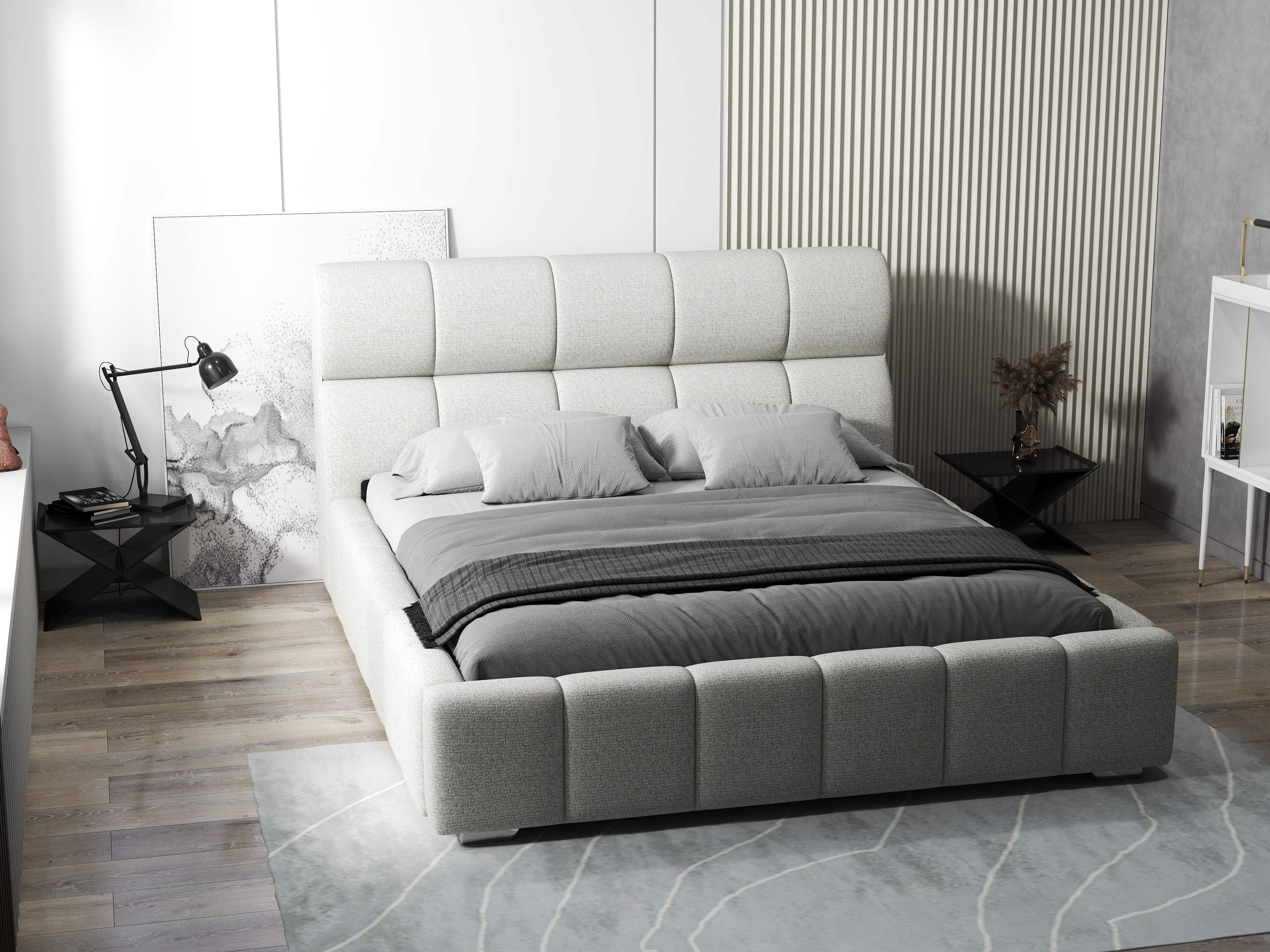 Pat dormitor dumonde, tapitat bej, Prestige 180x200 cm, somiera rabatabila inclusa, spatiu depozitare