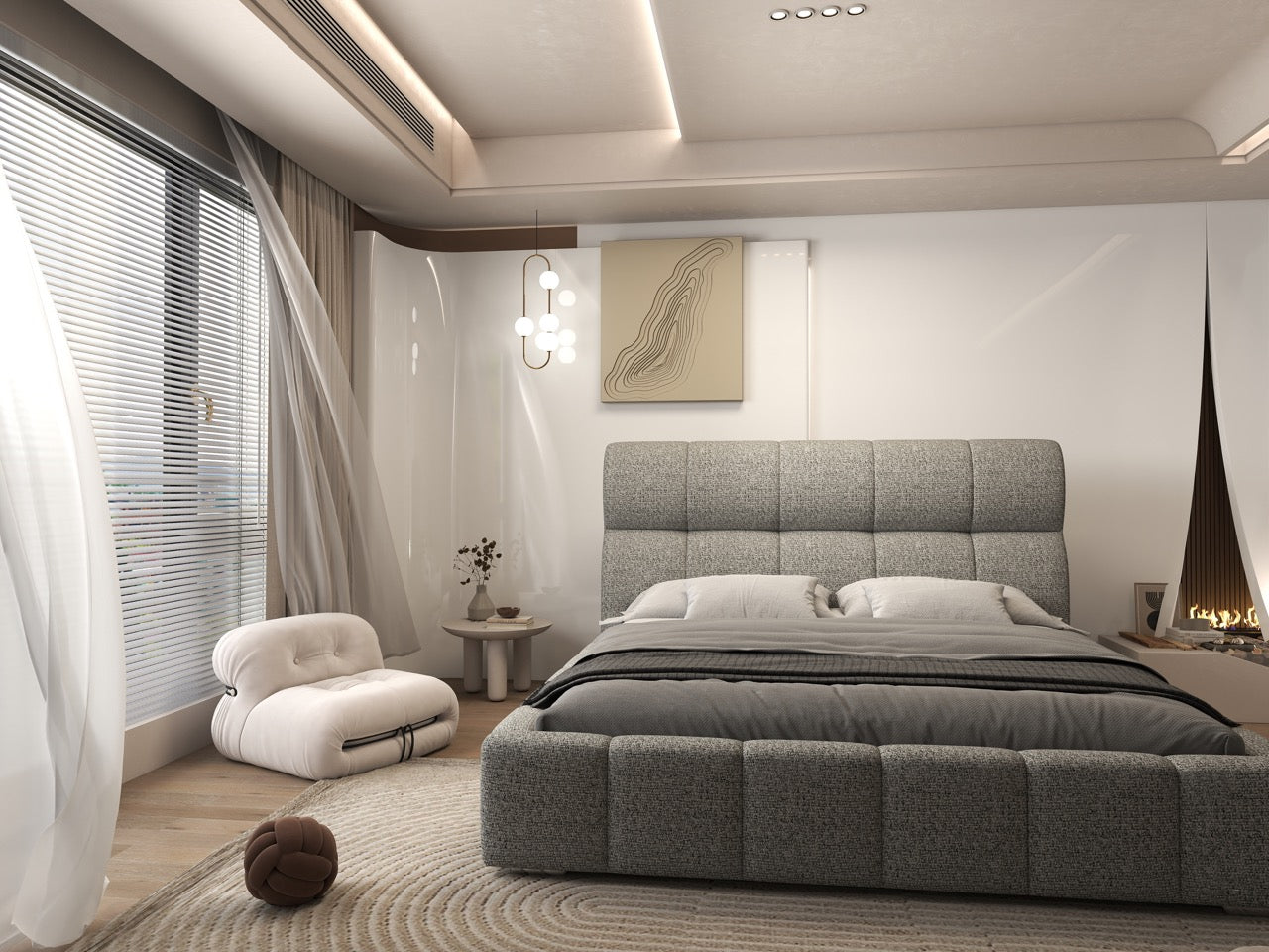 Pat dormitor dumonde, tapitat bej, Prestige 180x200 cm, somiera rabatabila inclusa, spatiu depozitare