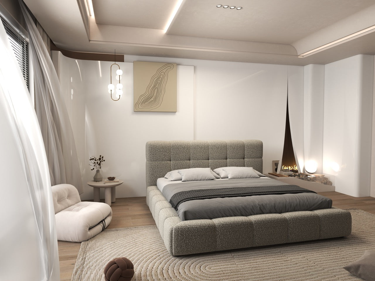 Pat dormitor dumonde, tapitat bej, Lorenzo 160x200 cm, somiera rabatabila inclusa, spatiu depozitare WLS