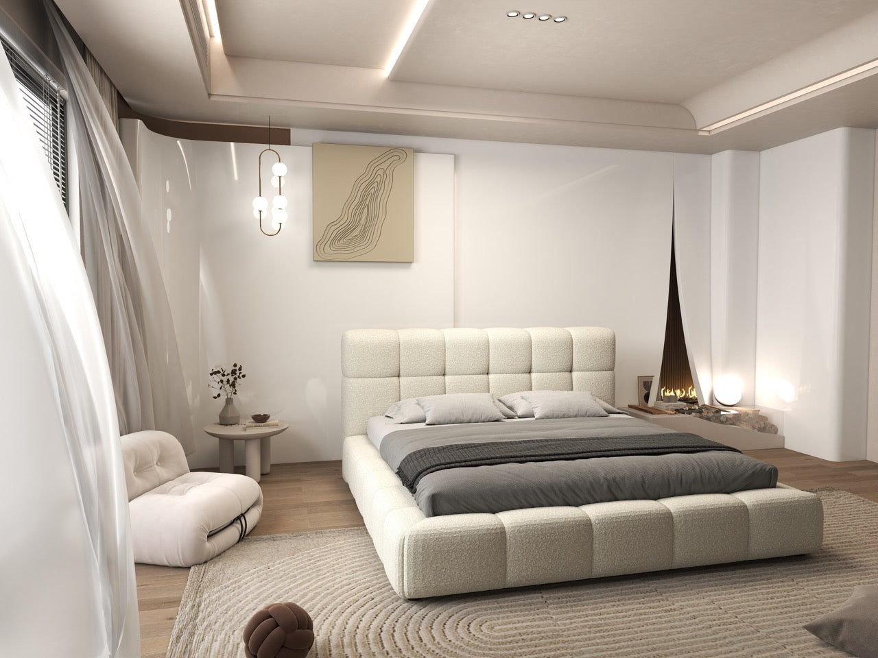 Pat dormitor dumonde, tapitat bej, Lorenzo 180x200 cm, somiera rabatabila inclusa, spatiu depozitare WLS