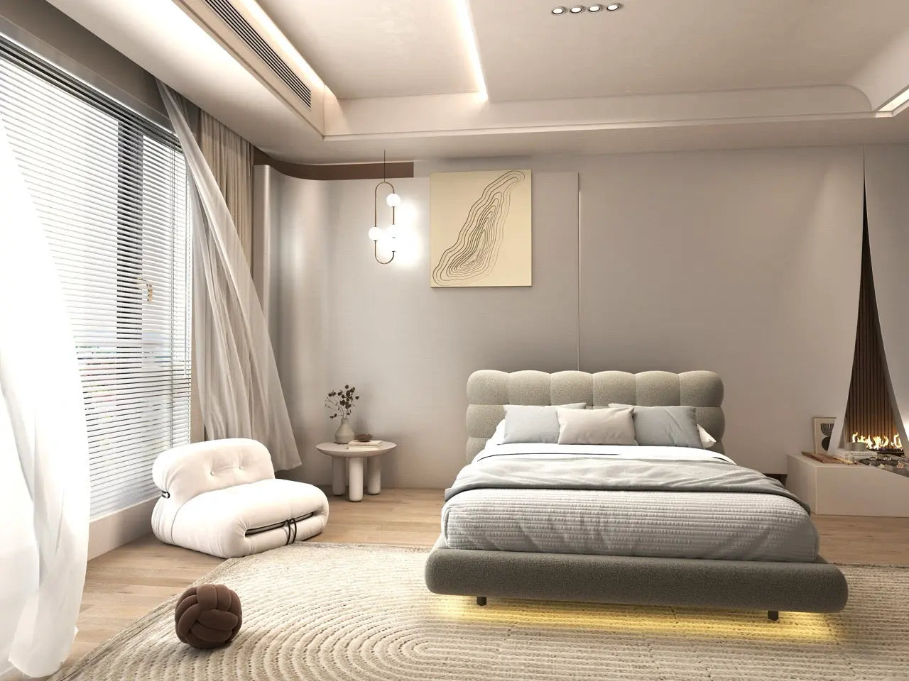 Pat dormitor dumonde, tapitat bej cu LED, "floating bed" Cloud 160x200 cm, somiera inclusa WLS