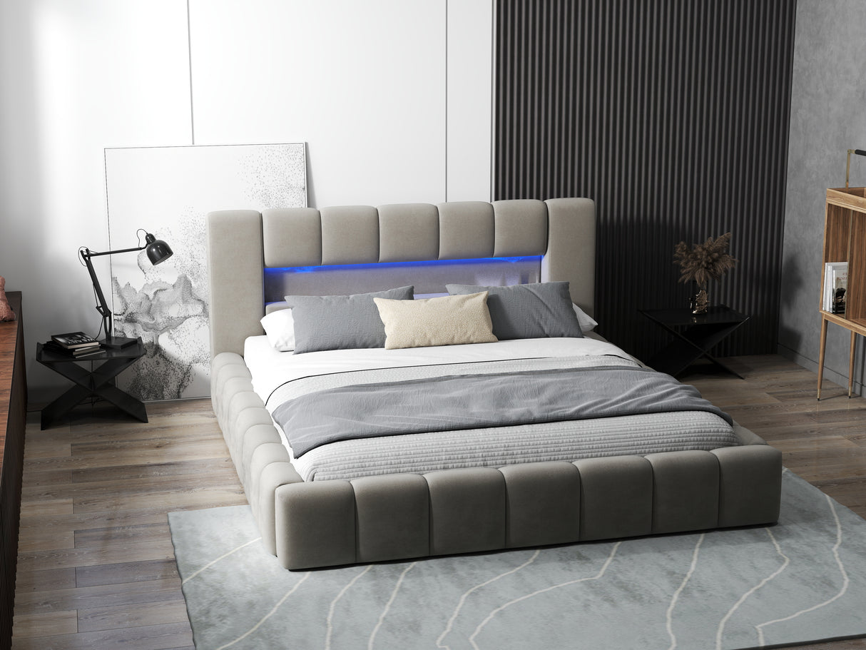 Pat dormitor dumonde, tapitat bej cu LED si USB, Palermo 180x200 cm, somiera rabatabila inclusa, spatiu depozitare