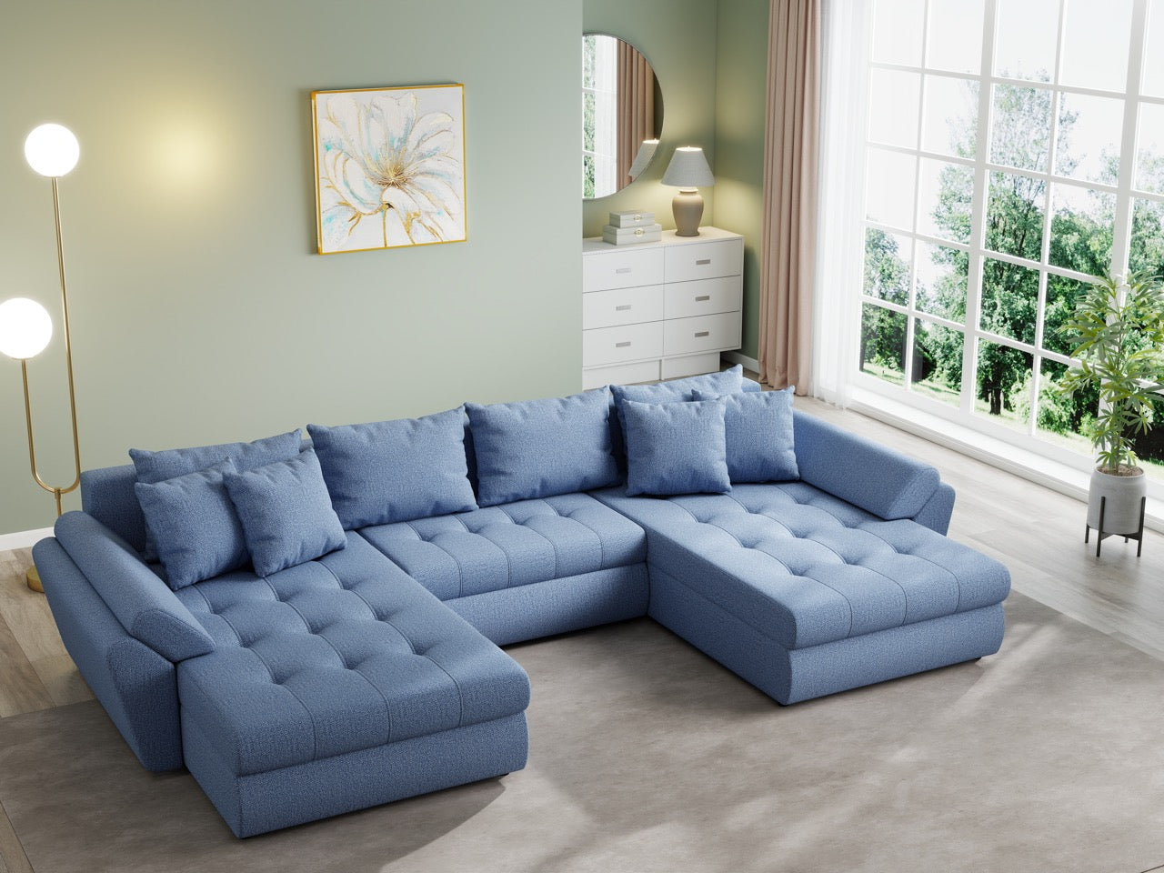 Colțar extensibil  dumonde cu ladă de depozitare si sezut confortabil din spuma HR, Loana U Enjoy Blue 355x185 cm