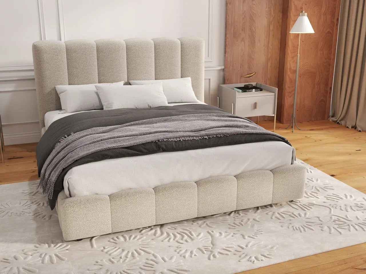 Pat dormitor dumonde, tapitat gri, Milano 160x200 cm, somiera rabatabila inclusa, spatiu depozitare WLS