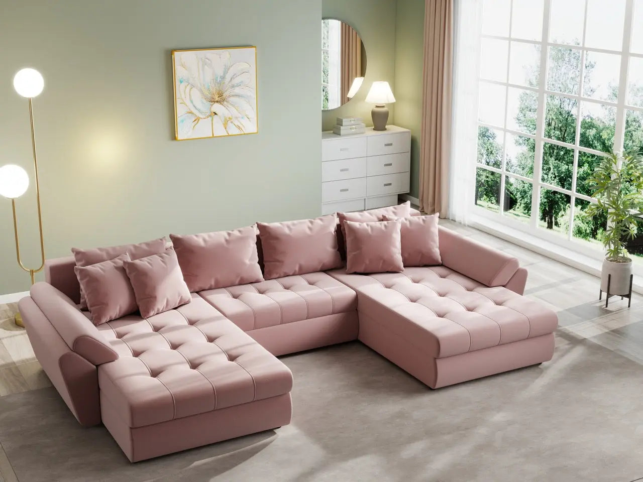 Colțar extensibil dumonde cu ladă de depozitare si sezut confortabil din spuma HR, Loana U Royal Pink 355x185 cm Fabrica