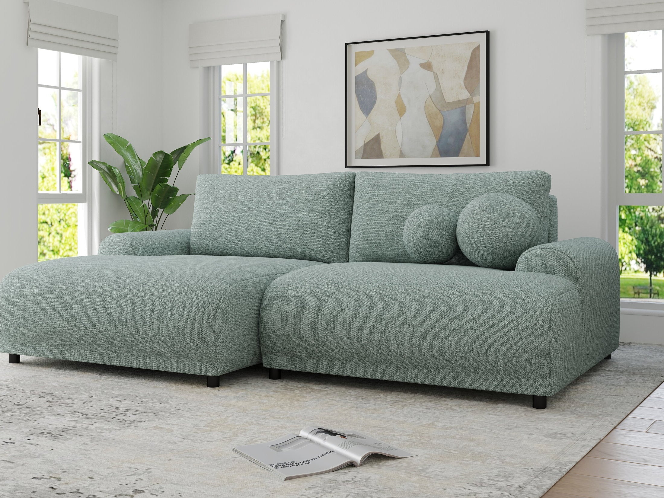 Colțar extensibil dumonde cu ladă de depozitare și șezut confortabil din spumă HR, Carlo Enjoy Verde Mint 240x145 cm