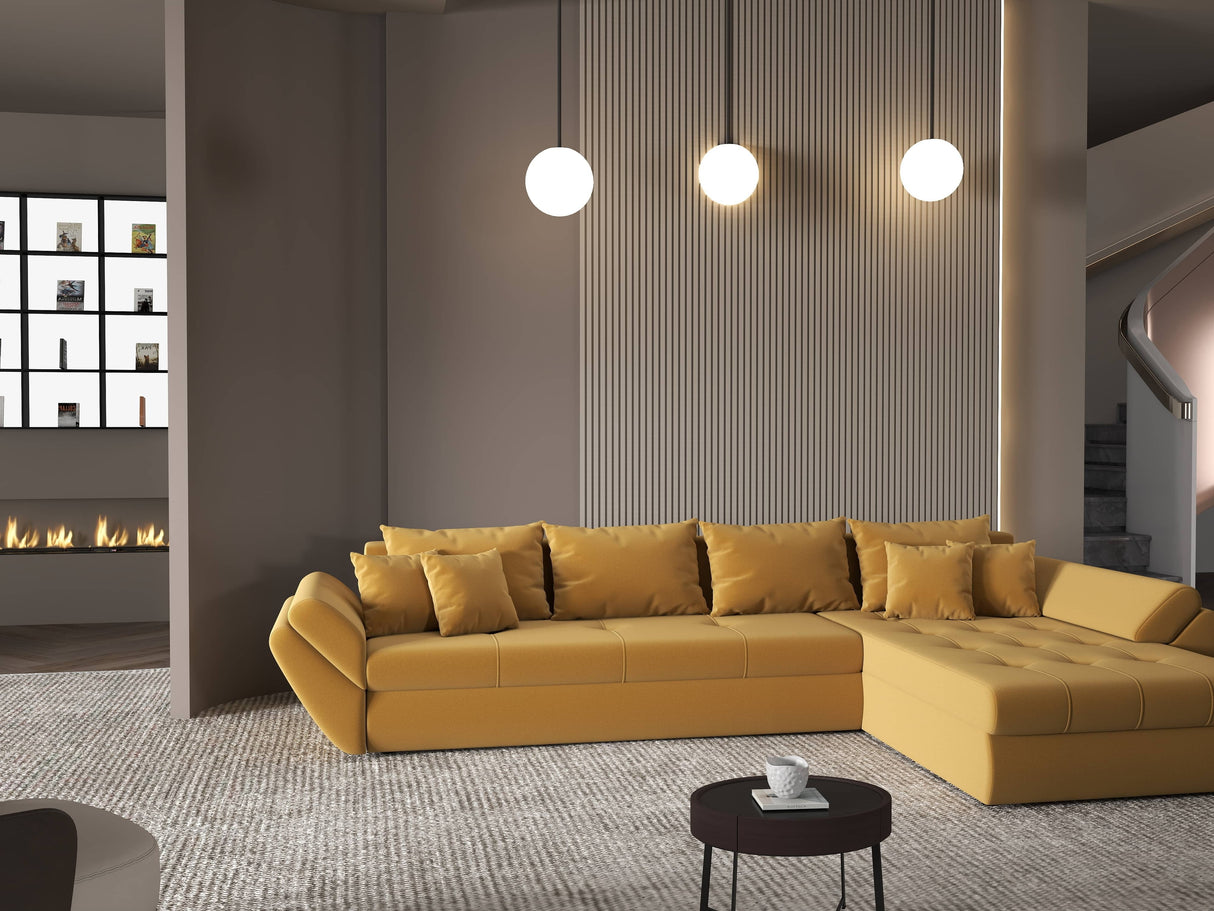 Colțar extensibil dumonde cu ladă de depozitare si sezut confortabil din spuma HR, Loana XL Royal Mustar II 335x185 cm Fabrica