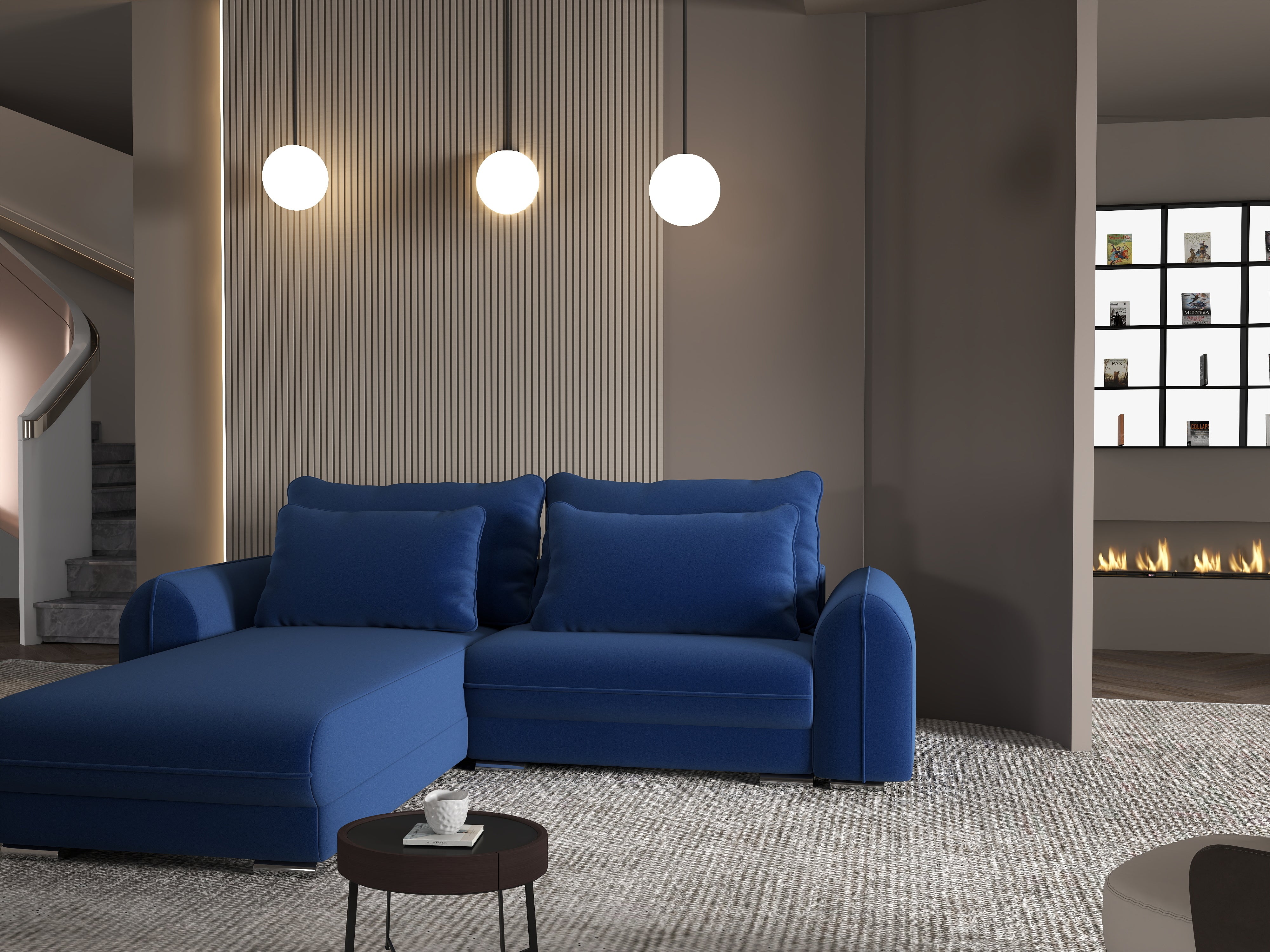 Colțar extensibil dumonde cu ladă de depozitare si sezut confortabil din spuma HR, Denver Royal Albastru 275x185 cm Fabrica