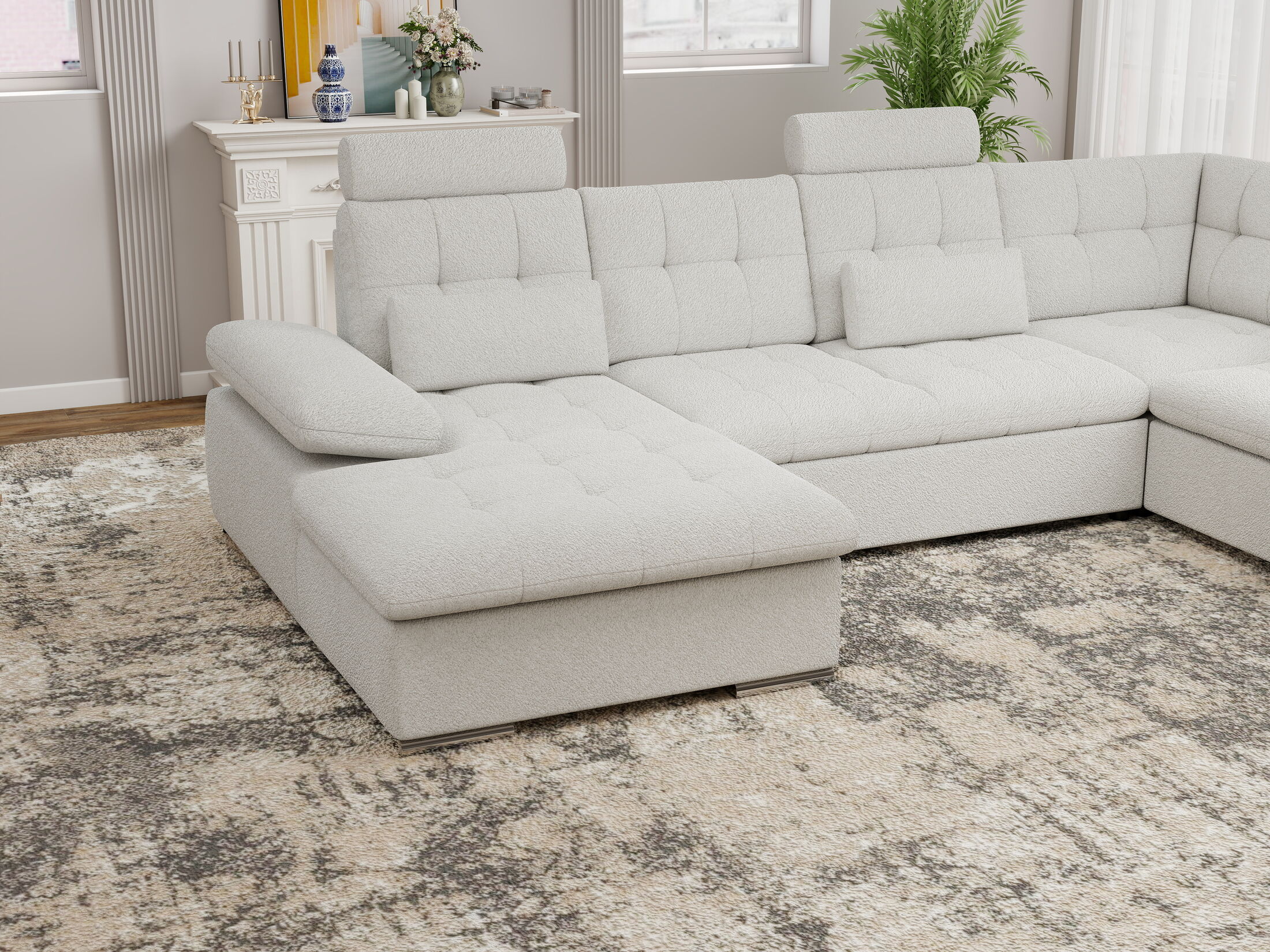 Colțar extensibil dumonde cu ladă de depozitare și șezut confortabil din spumă HR, Merkur U Euphoria Alb 324x218 cm