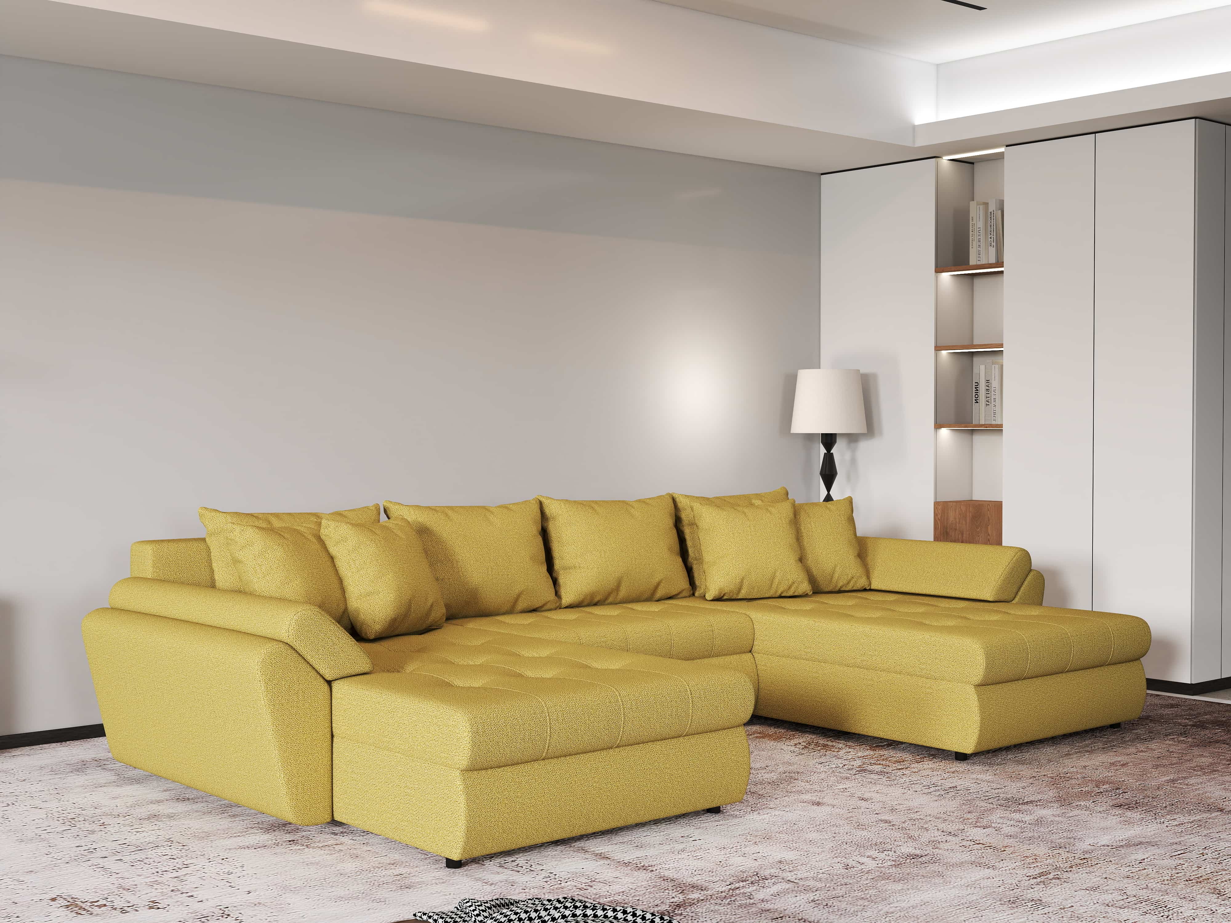 Colțar extensibil dumonde cu ladă de depozitare si sezut confortabil din spuma HR, Loana U Melon 355x185 cm Fabrica