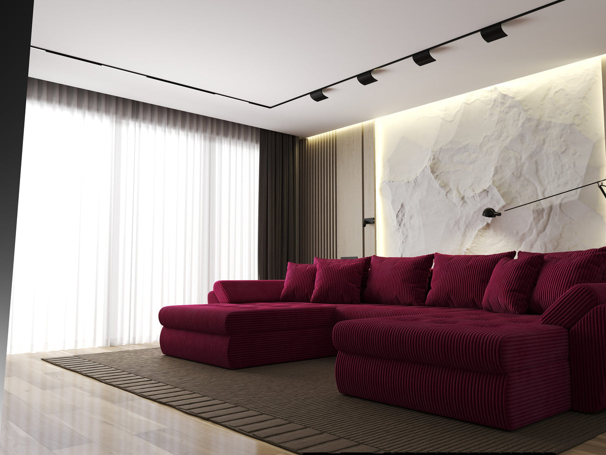 Colțar extensibil dumonde cu ladă de depozitare si sezut confortabil din spuma HR, Loana U Bordeaux Zoom 355x185 cm Fabrica