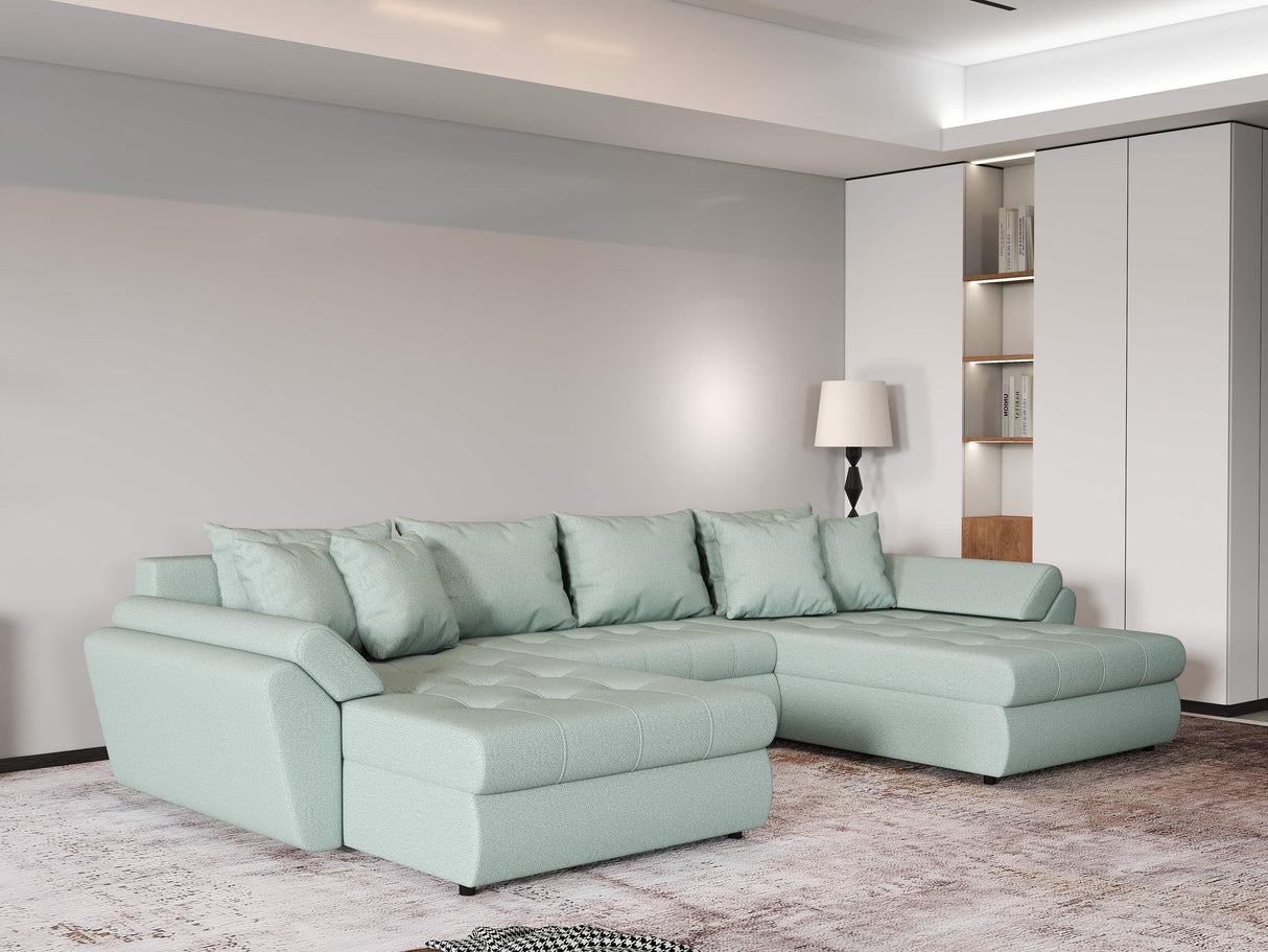 Colțar extensibil dumonde cu ladă de depozitare si sezut confortabil din spuma HR, Loana Enjoy Verde Mint U 355x185 cm Fabrica