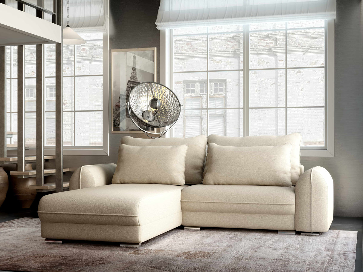 Colțar extensibil dumonde cu ladă de depozitare si sezut confortabil din spuma HR, Denver Enjoy Beige 275x185 cm Fabrica