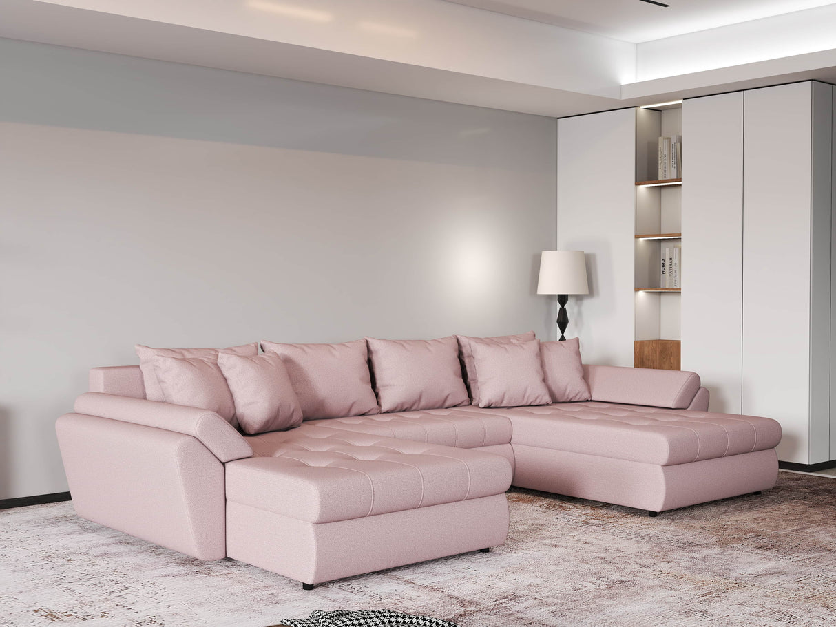 Colțar extensibil dumonde cu ladă de depozitare si sezut confortabil din spuma HR, Loana Enjoy Roz U 355x185 cm Fabrica