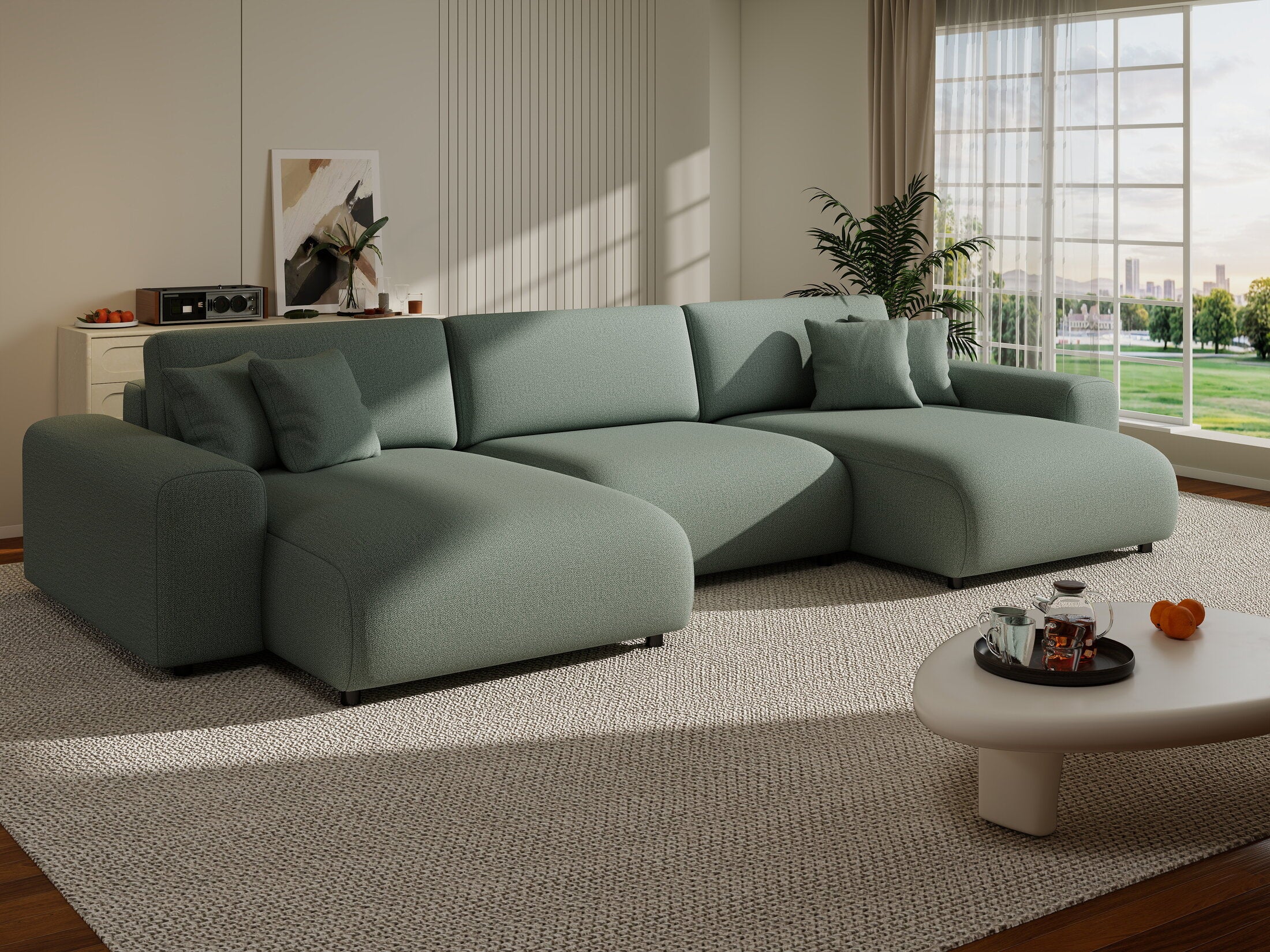 Colțar extensibil dumonde cu ladă de depozitare si sezut confortabil din spuma HR, Sarina U Enjoy Verde Mint 350x168 cm