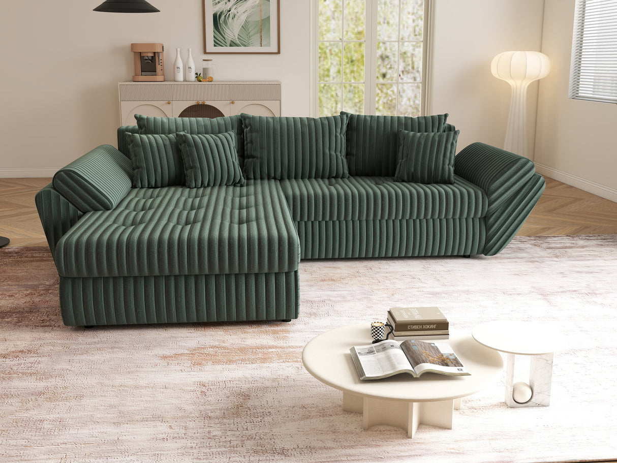 Colțar extensibil dumonde cu ladă de depozitare si sezut confortabil din spuma HR, Loana Verde Ambience 270x185 cm Fabrica