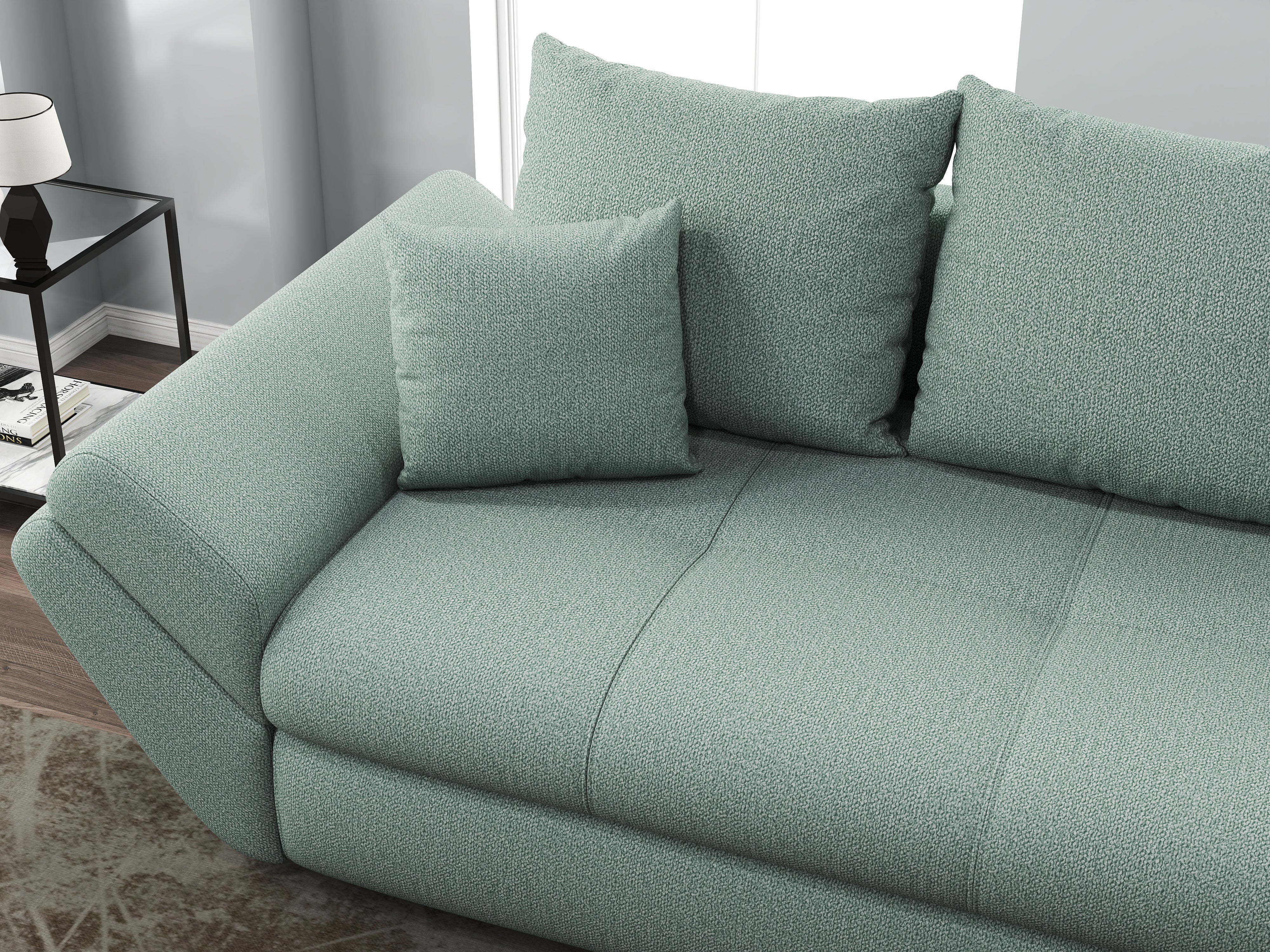 Canapea extensibilă dumonde cu ladă de depozitare si sezut confortabil din spuma HR, Loana Mint 250x100 cm Fabrica
