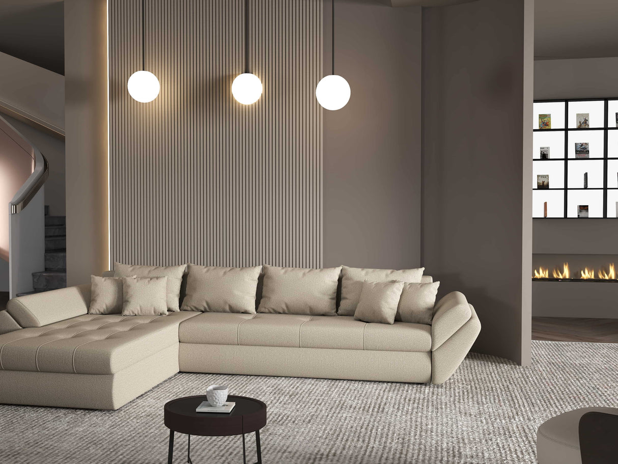 Colțar extensibil dumonde cu ladă de depozitare si sezut confortabil din spuma HR, Loana XL Enjoy Bej 335x185 cm Fabrica