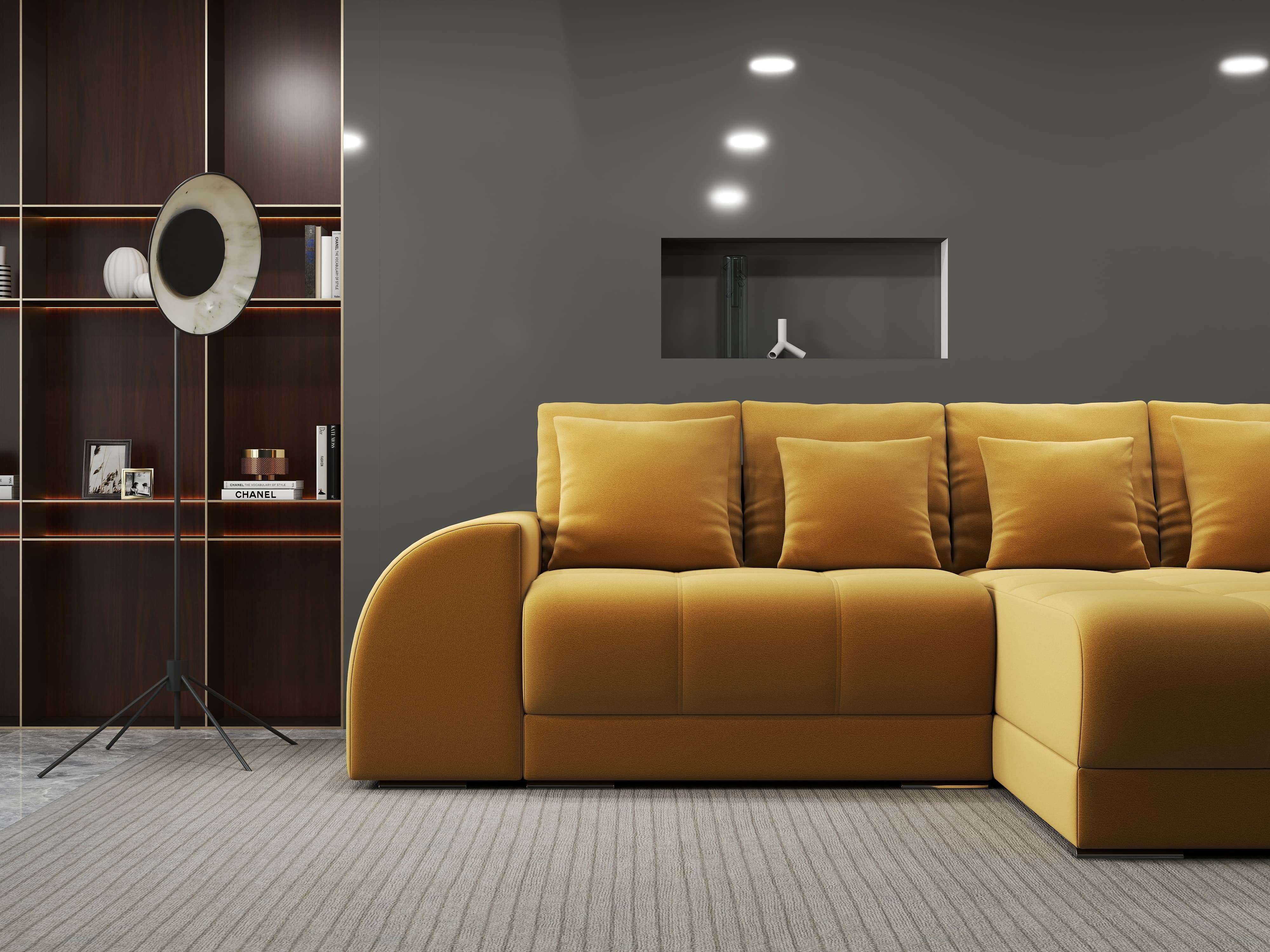 Colțar extensibil dumonde cu ladă de depozitare si sezut confortabil din spuma HR, Verona Royal Mustar II 290x185 cm Fabrica