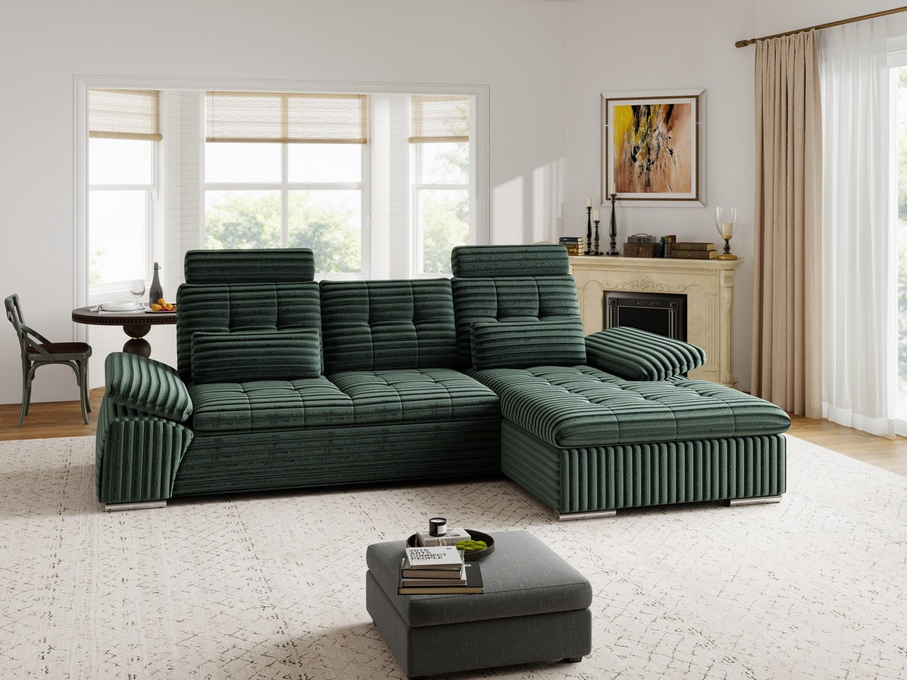 Colțar extensibil dumonde cu ladă de depozitare și șezut confortabil din spumă HR, Merkur Ambience Verde 270x168 cm II