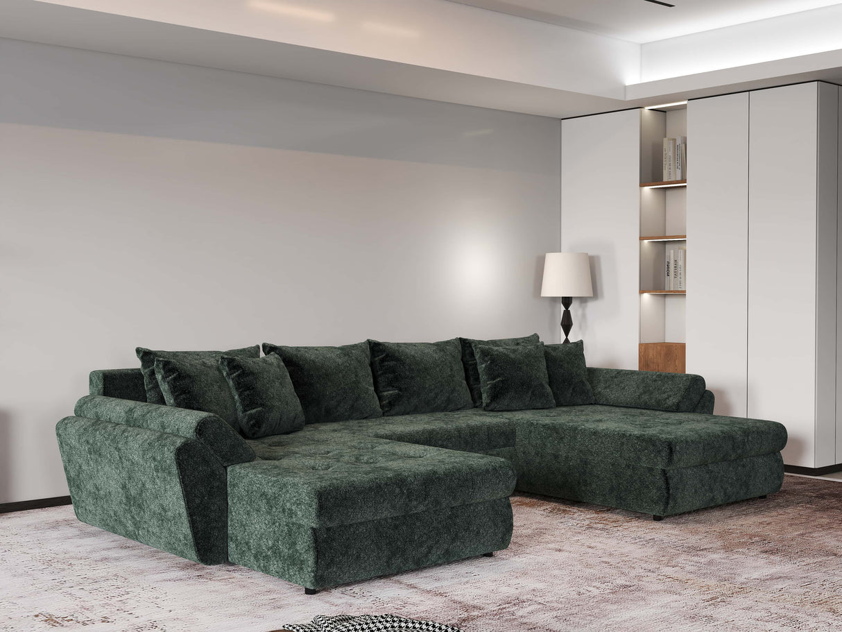 Colțar extensibil dumonde cu ladă de depozitare si sezut confortabil din spuma HR, Loana U Verde Euphoria 355x185 cm Fabrica