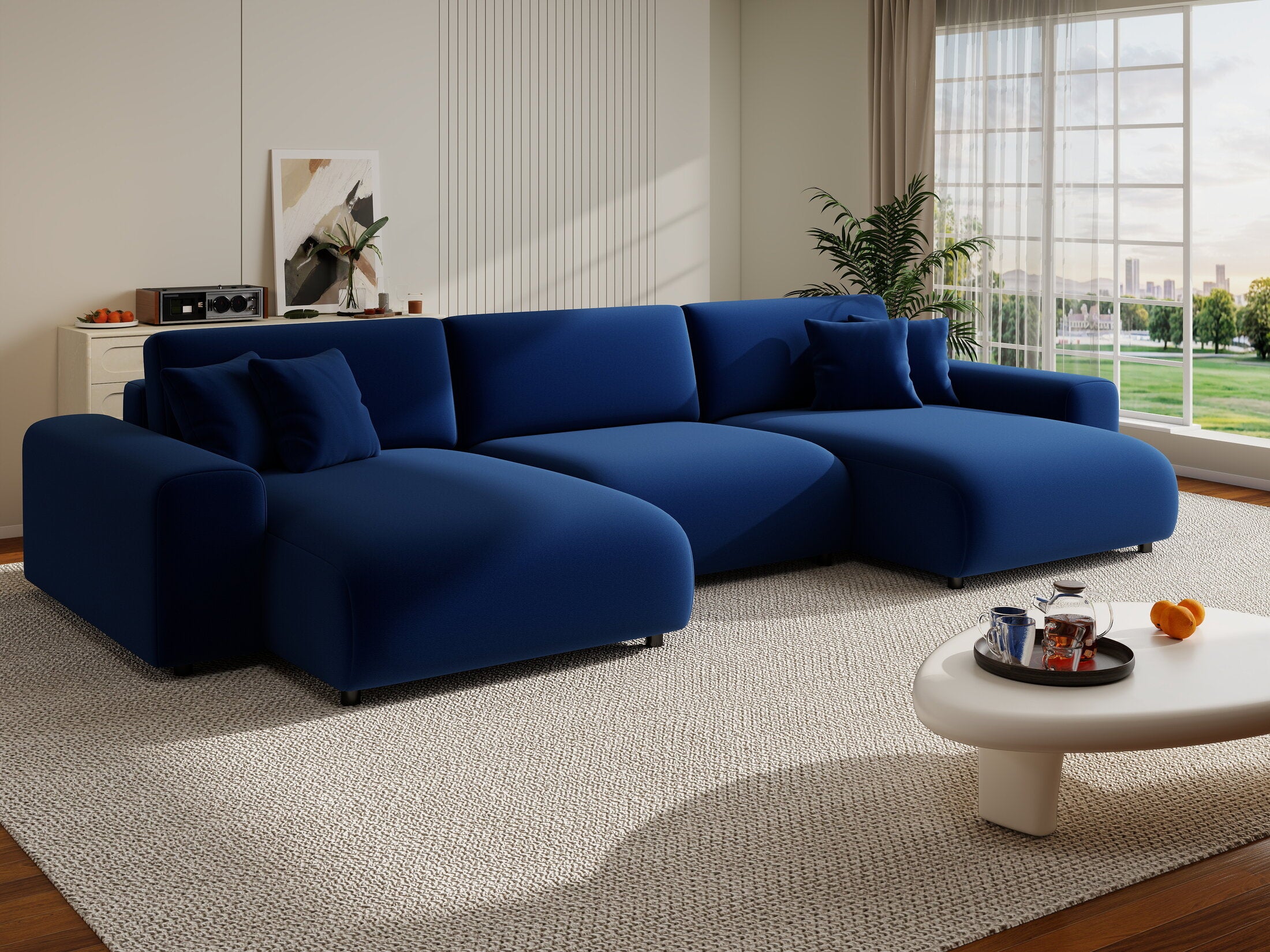 Colțar extensibil dumonde cu ladă de depozitare si sezut confortabil din spuma HR, Sarina U Royal Albastru Navy 350x168 cm