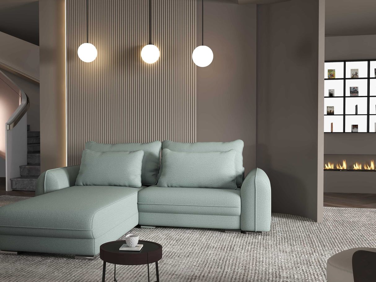 Colțar extensibil dumonde cu ladă de depozitare si sezut confortabil din spuma HR, Denver Enjoy Verde Mint 275x185 cm Fabrica