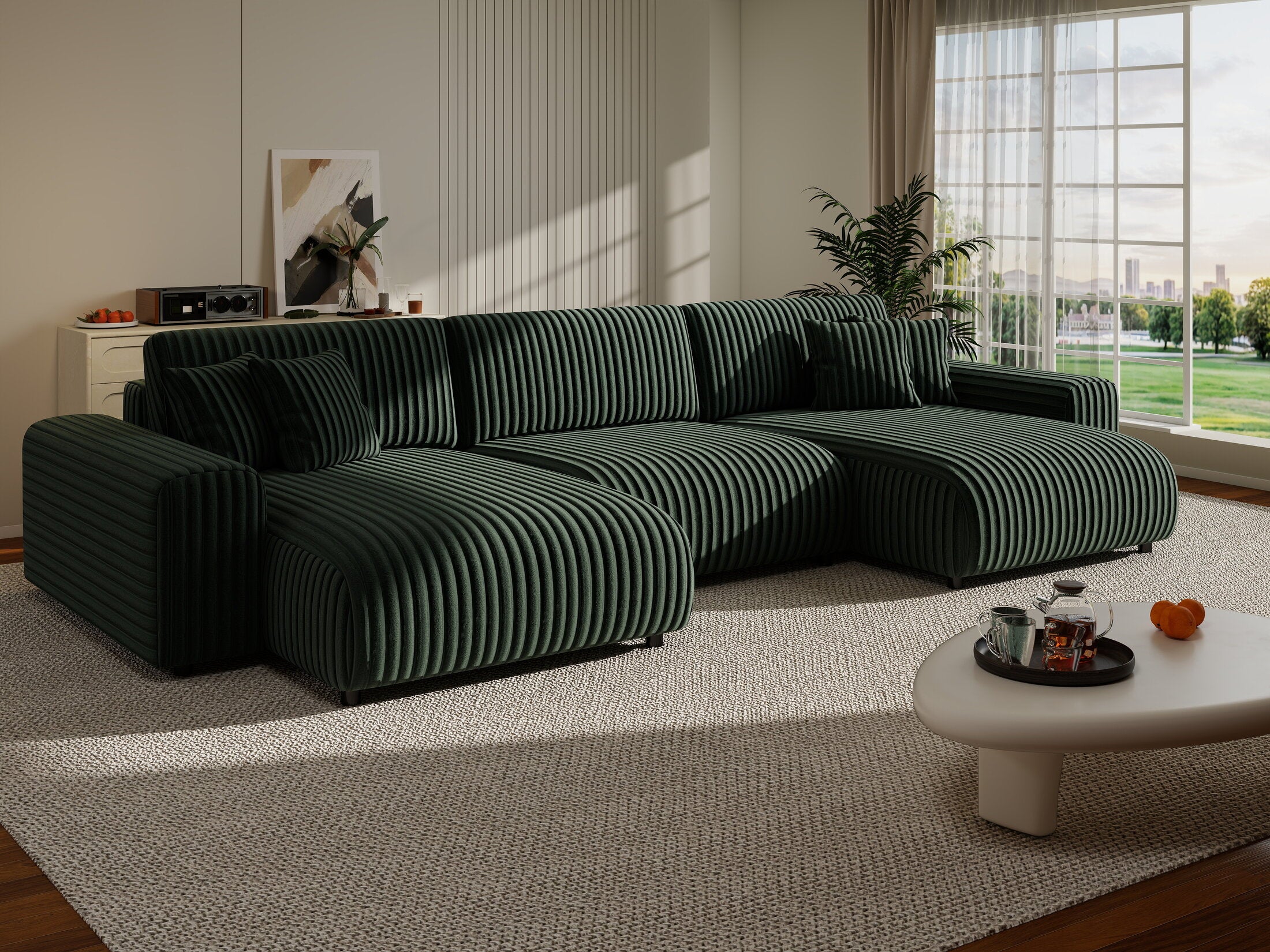 Colțar extensibil dumonde cu ladă de depozitare si sezut confortabil din spuma HR, Sarina U Ambience Verde 350x168 cm