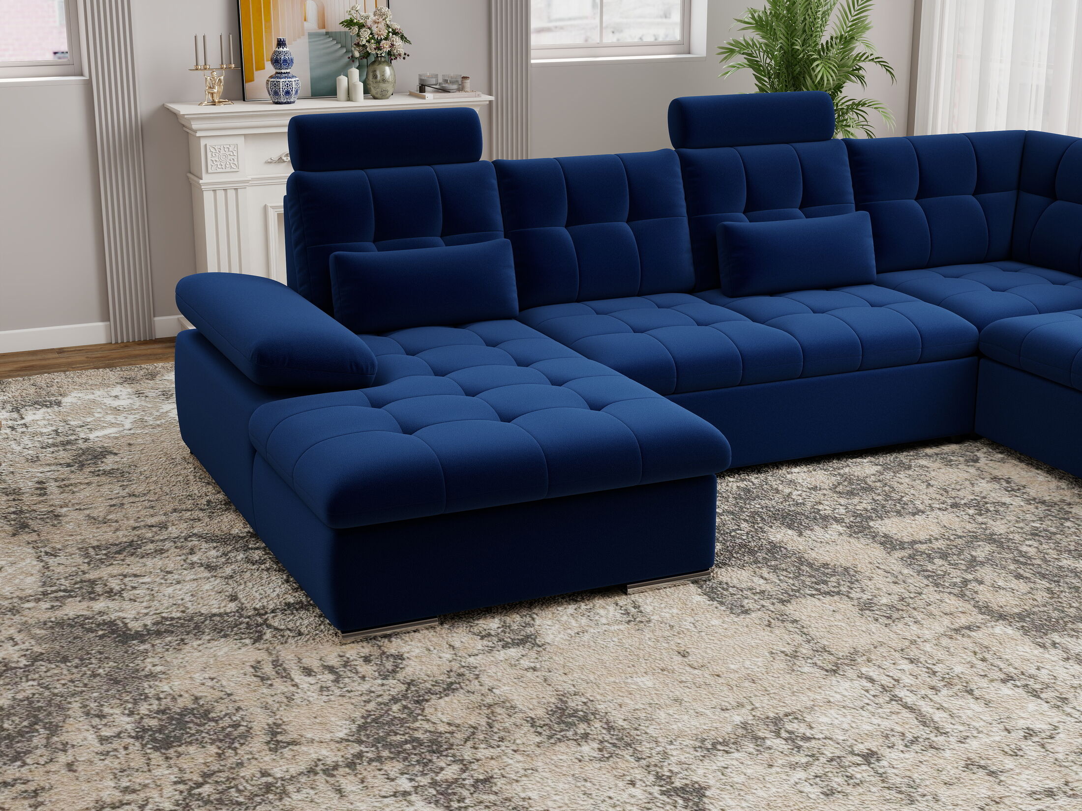 Colțar extensibil dumonde cu ladă de depozitare și șezut confortabil din spumă HR, Merkur U Royal Albastru Navy 324x218 cm