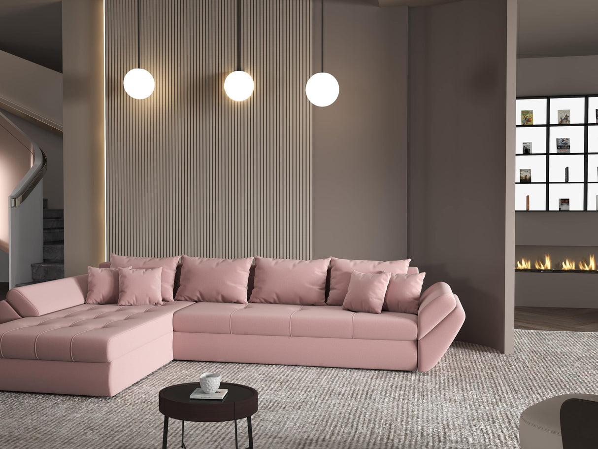 Colțar extensibil dumonde cu ladă de depozitare si sezut confortabil din spuma HR, Loana XL Royal Roz 335x185 cm Fabrica