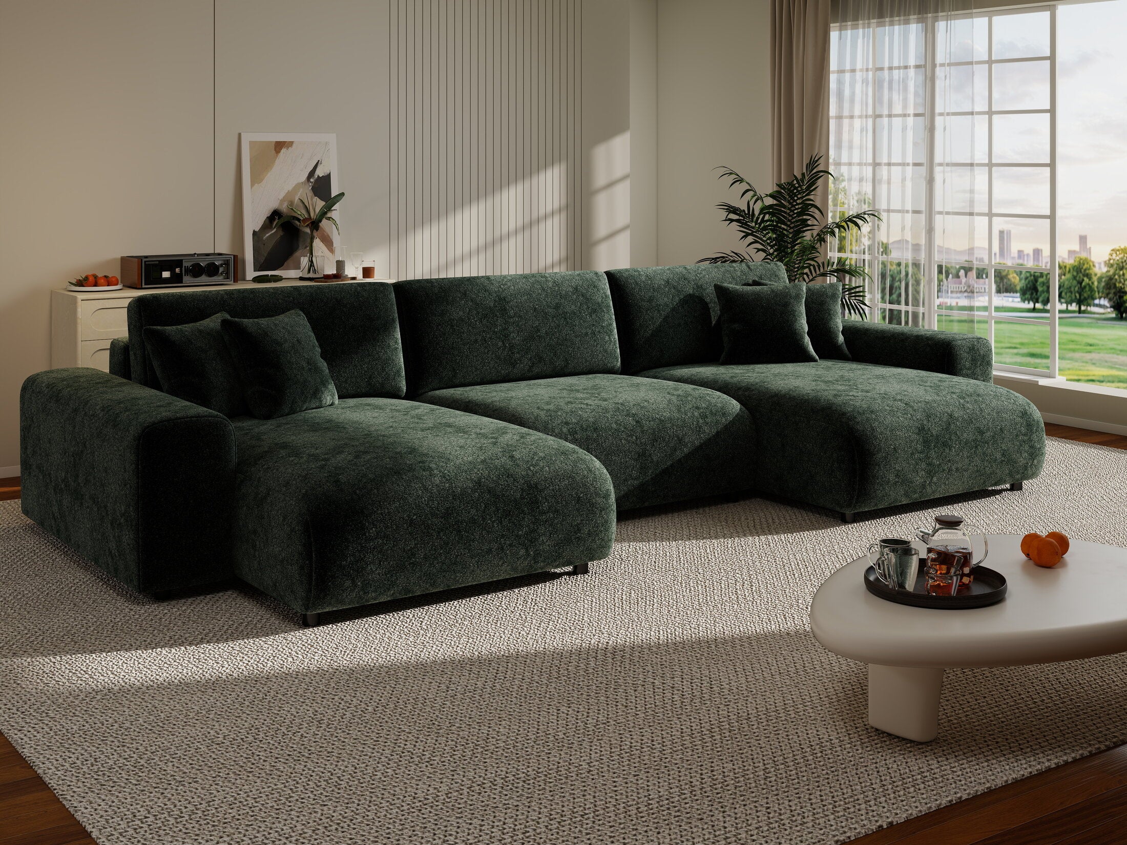 Colțar extensibil dumonde cu ladă de depozitare si sezut confortabil din spuma HR, Sarina U Euphoria Verde 350x168 cm