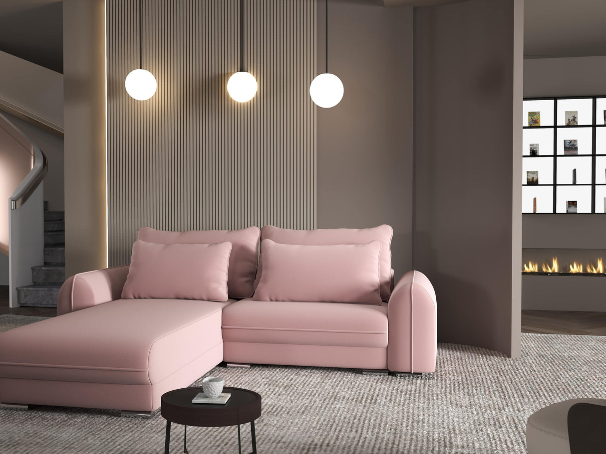 Colțar extensibil dumonde cu ladă de depozitare si sezut confortabil din spuma HR, Denver Royal Roz 275x185 cm Fabrica