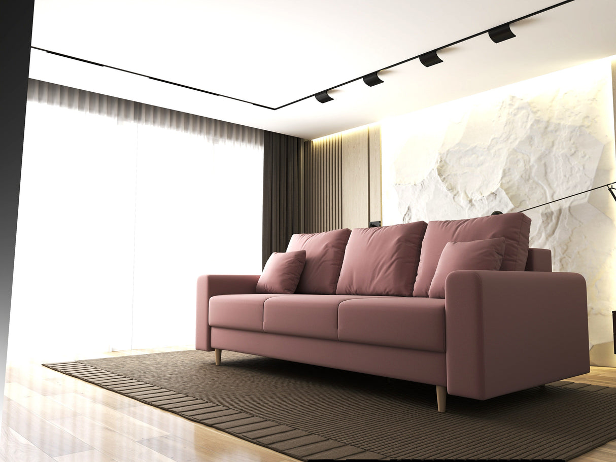 Canapea extensibilă dumonde cu ladă de depozitare si sezut confortabil din spuma HR, Kronos Royal Roz 210x100 cm fabrica