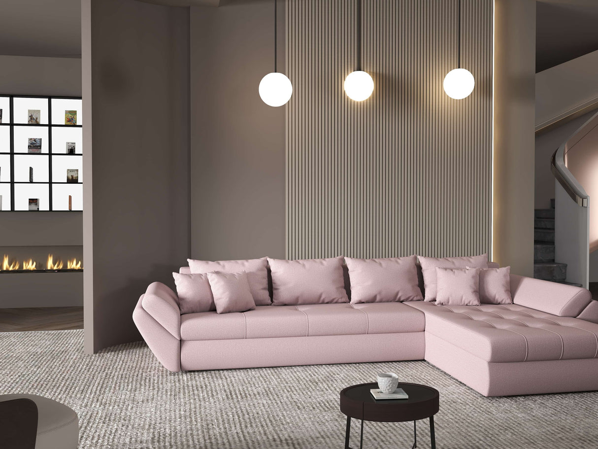 Colțar extensibil dumonde cu ladă de depozitare si sezut confortabil din spuma HR, Loana XL Enjoy Roz II 335x185 cm Fabrica