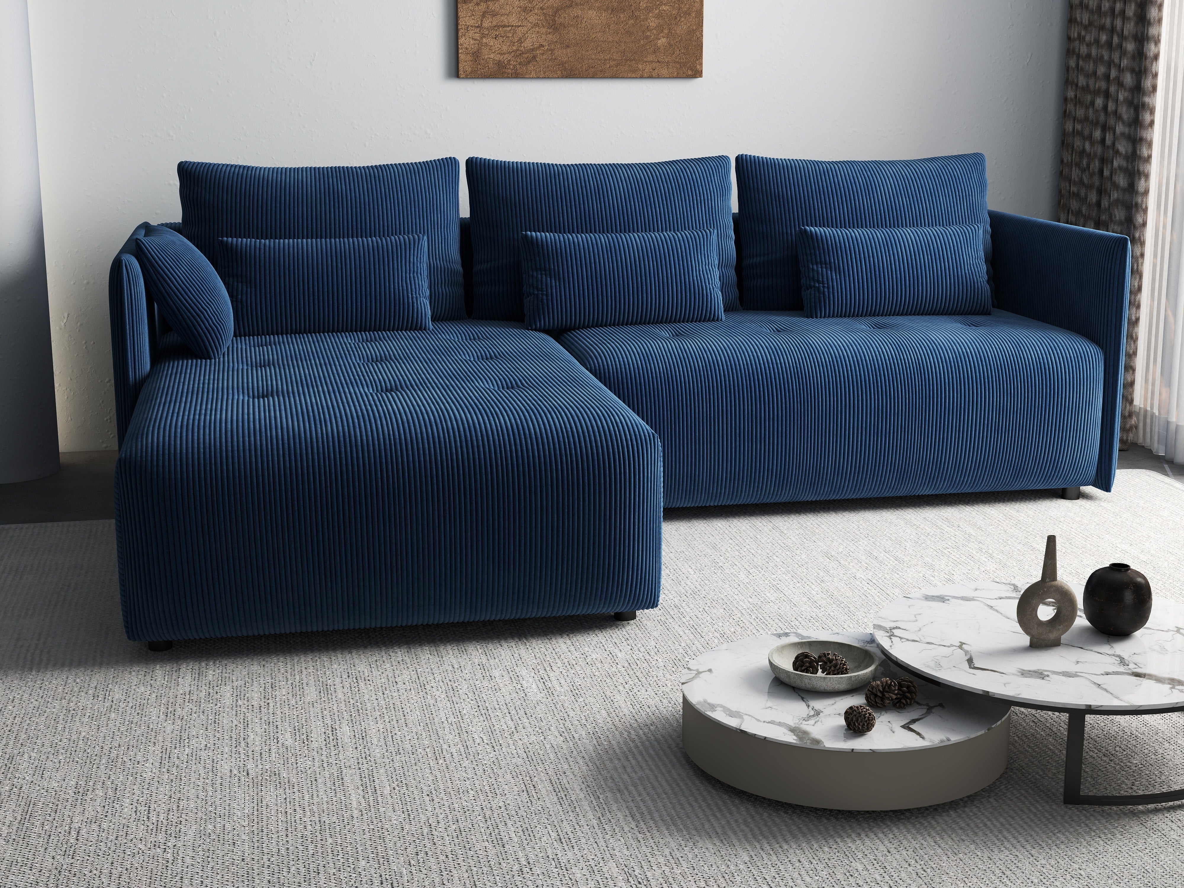 Colțar extensibil dumonde cu ladă de depozitare si sezut confortabil din spuma HR, Malta Zoom Blue II 235x185 cm Fabrica