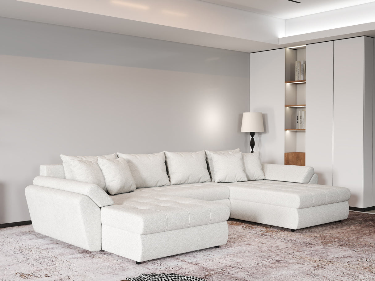 Colțar extensibil dumonde cu ladă de depozitare si sezut confortabil din spuma HR, Loana U Bej Euphoria 355x185 cm Fabrica