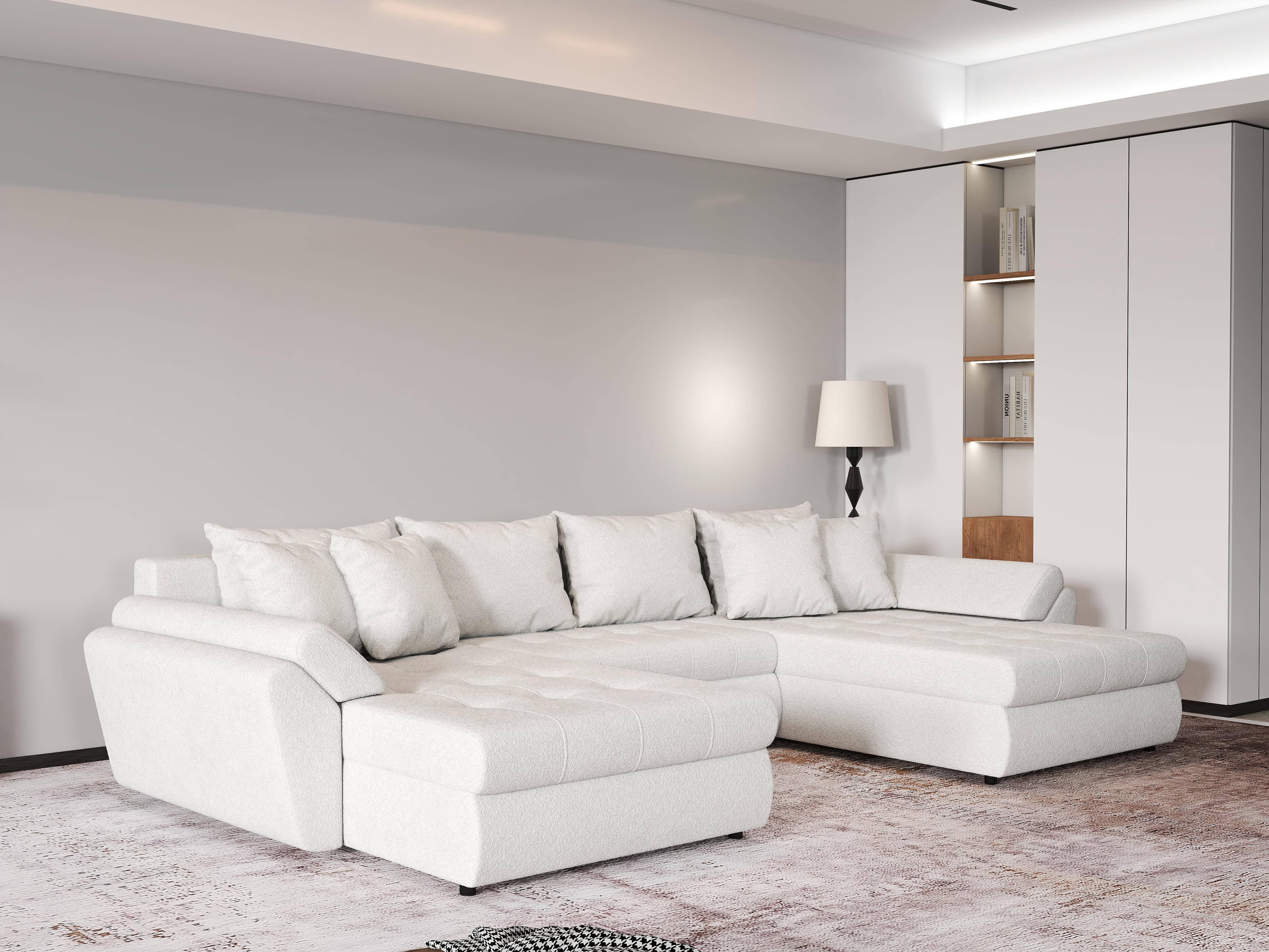 Colțar extensibil dumonde cu ladă de depozitare si sezut confortabil din spuma HR, Loana U Bej Euphoria 355x185 cm Fabrica