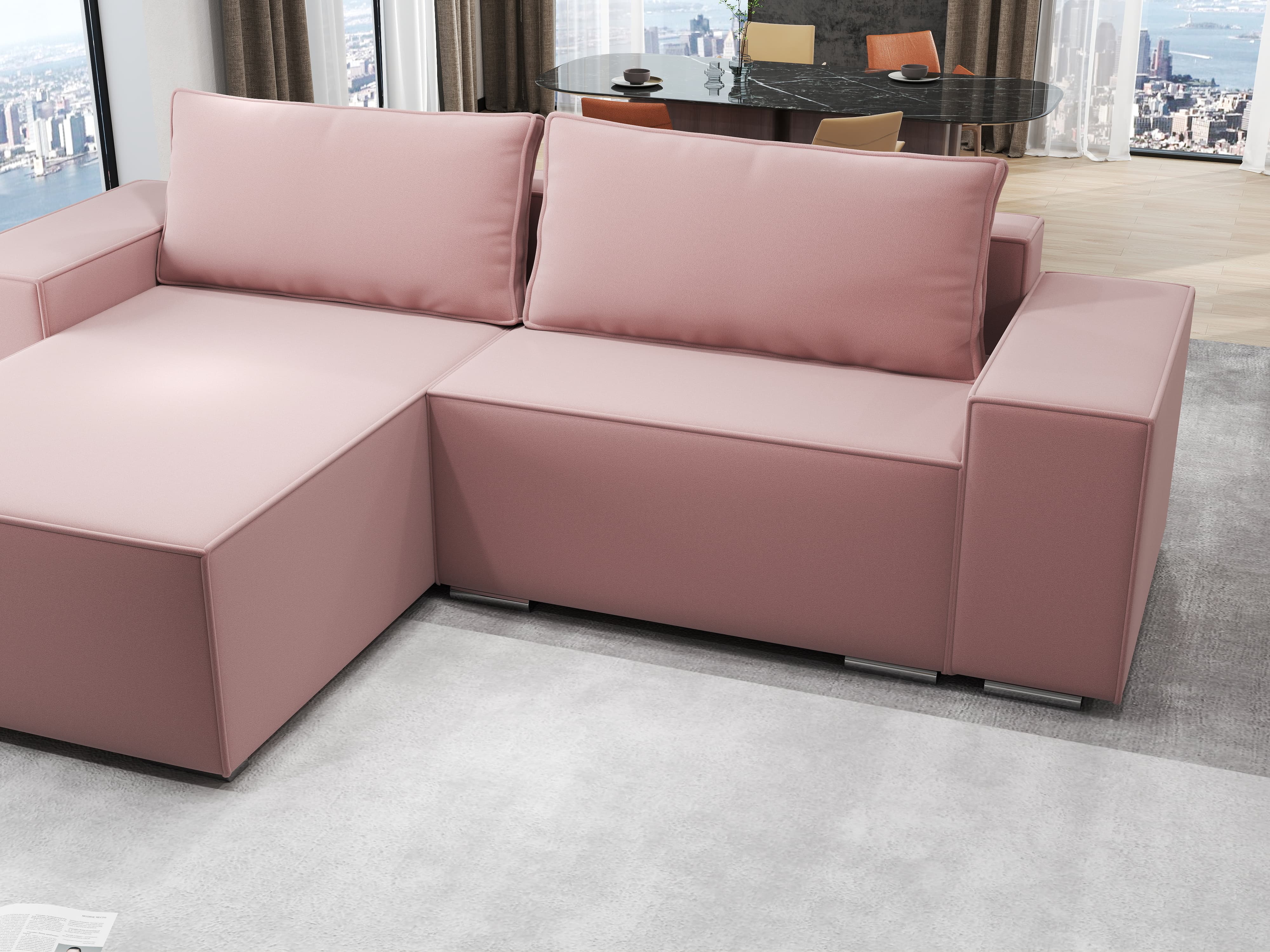 Colțar extensibil dumonde cu ladă de depozitare si sezut confortabil din spuma HR, Dream Royal Roz 290x185 cm Fabrica