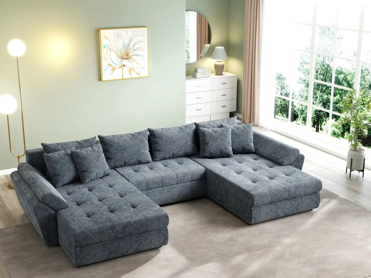 Colțar extensibil dumonde cu ladă de depozitare si sezut confortabil din spuma HR, Loana U Euphoria Grafit 355x185 cm Fabrica