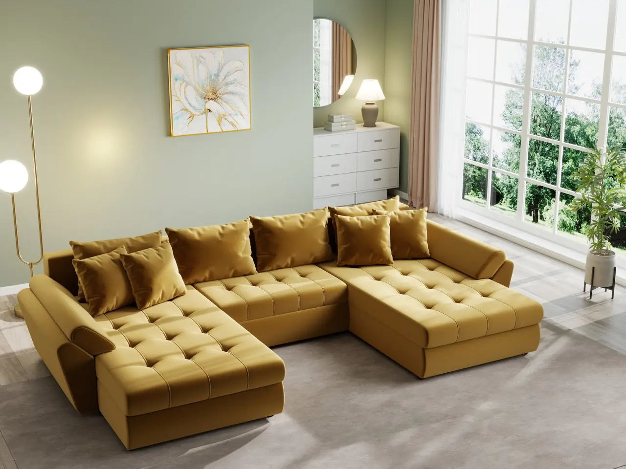 Colțar extensibil dumonde cu ladă de depozitare si sezut confortabil din spuma HR, Loana U Royal Mustar 355x185 cm Fabrica