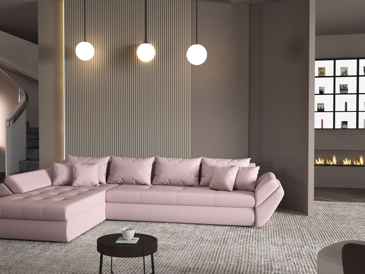 Colțar extensibil dumonde cu ladă de depozitare si sezut confortabil din spuma HR, Loana XL Enjoy Roz 335x185 cm Fabrica