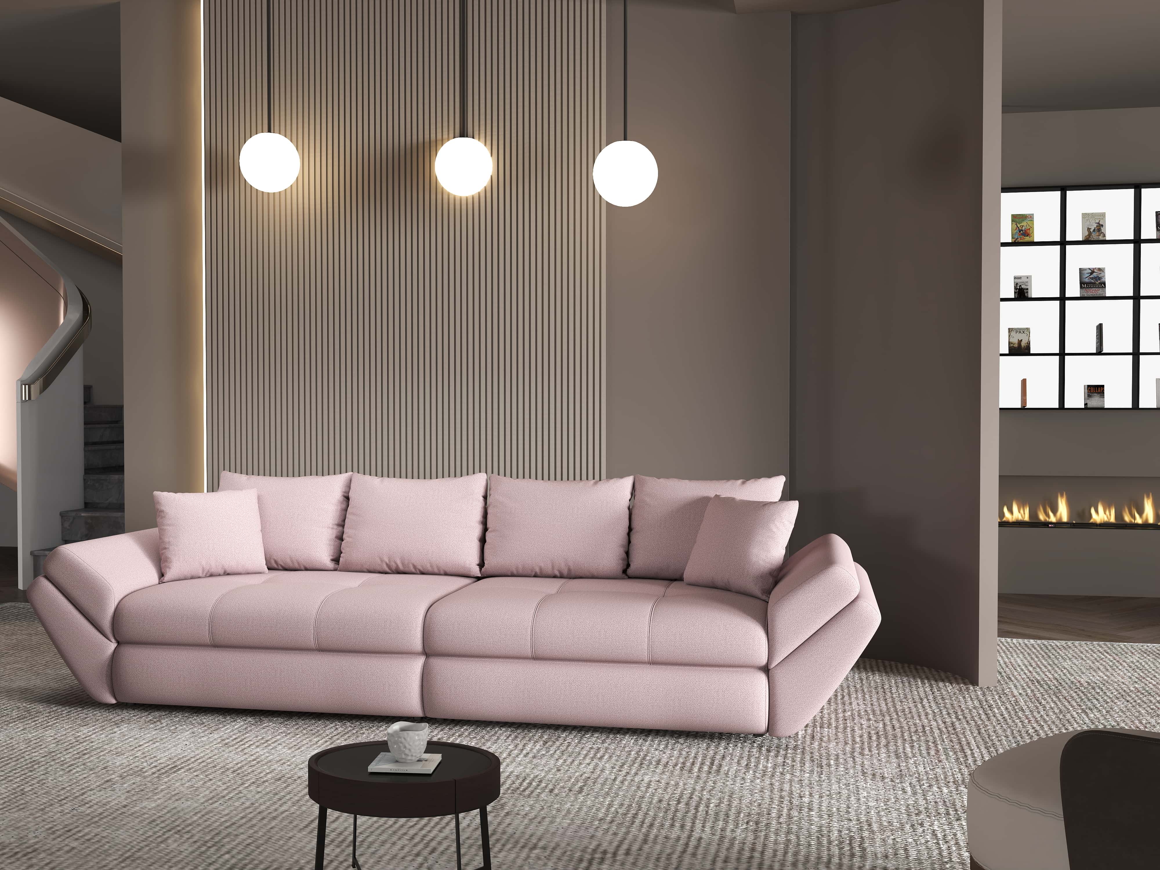 Canapea extensibilă dumonde cu ladă de depozitare si sezut confortabil din spuma HR, Loana Enjoy Roz 300x100 cm Fabrica