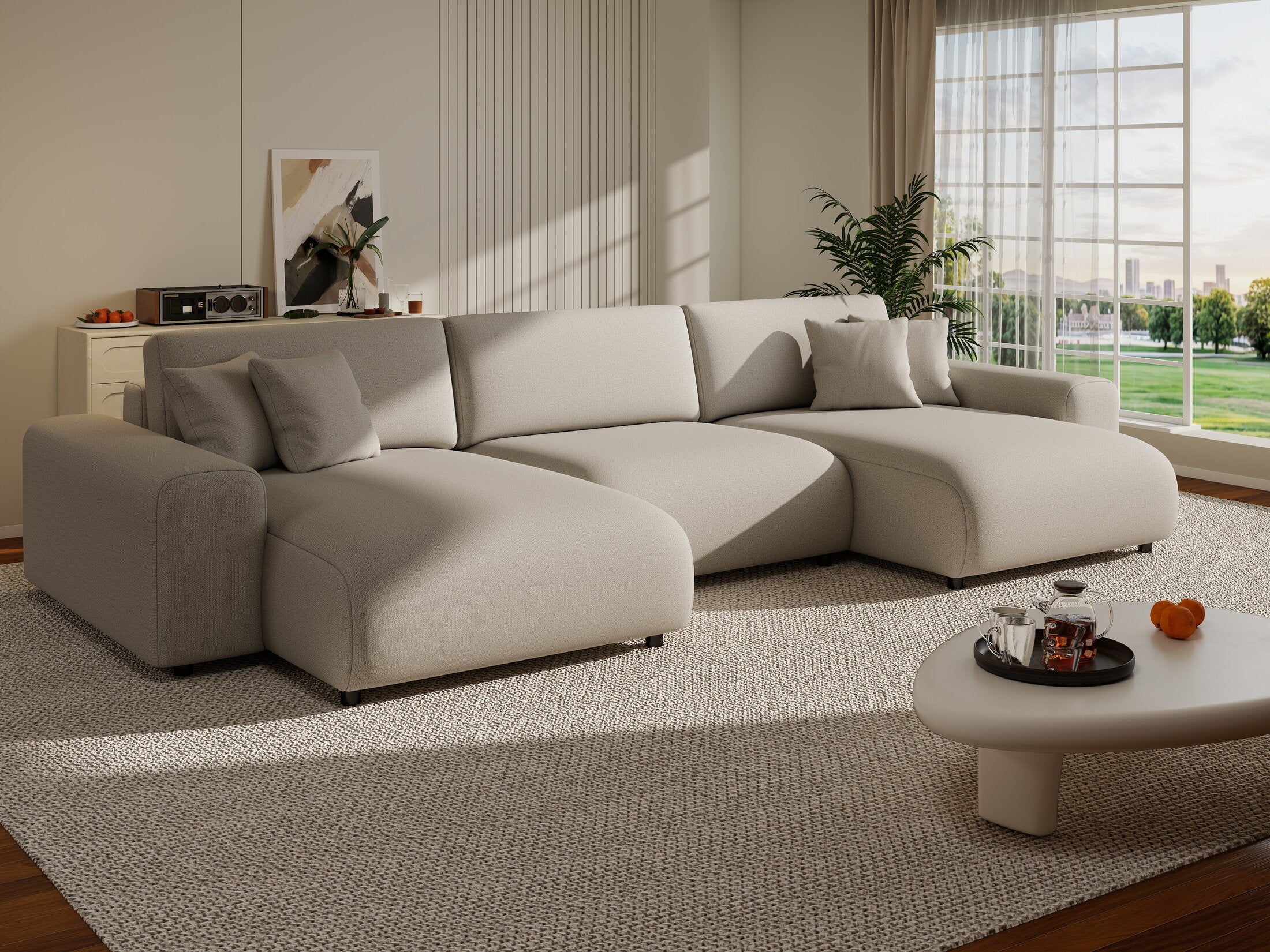 Colțar extensibil dumonde cu ladă de depozitare si sezut confortabil din spuma HR, Sarina U Enjoy Bej 350x168 cm