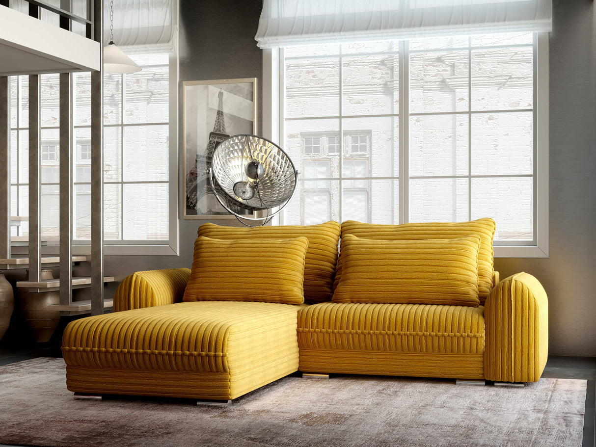 Colțar extensibil dumonde cu ladă de depozitare si sezut confortabil din spuma HR, Denver Ambience Mustar 275x185 cm Fabrica