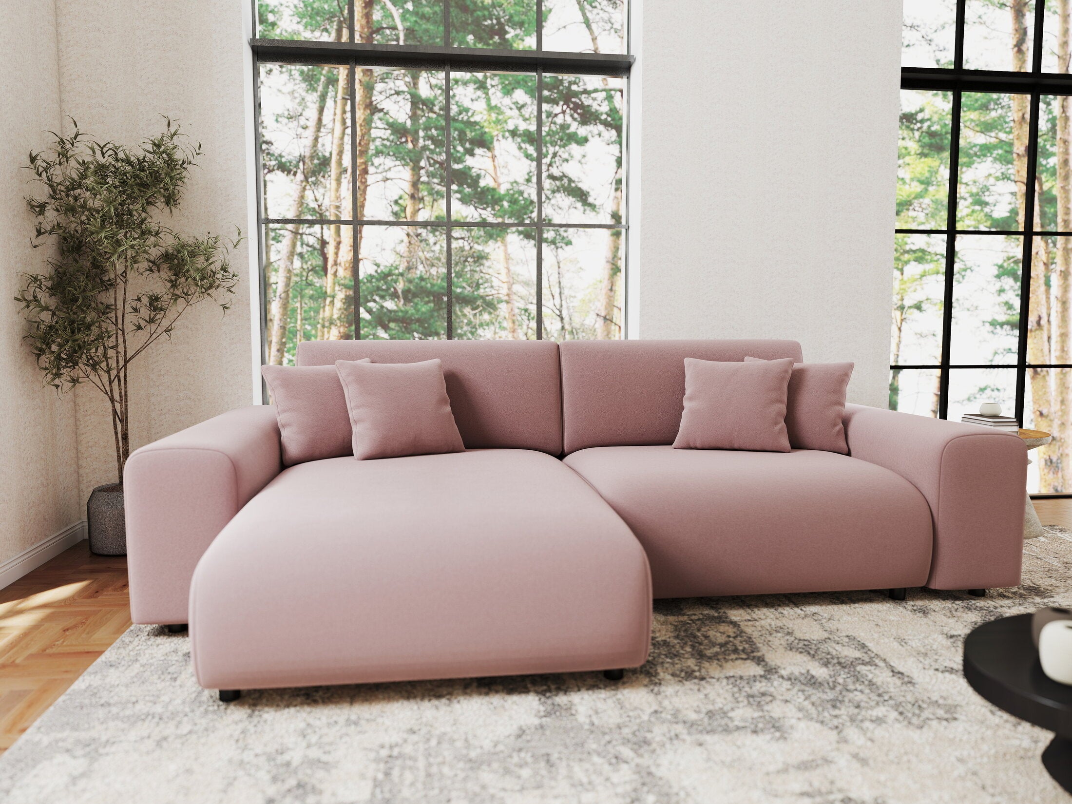 Colțar extensibil dumonde cu ladă de depozitare si sezut confortabil din spuma HR, Sarina Royal Roz 255x168 cm