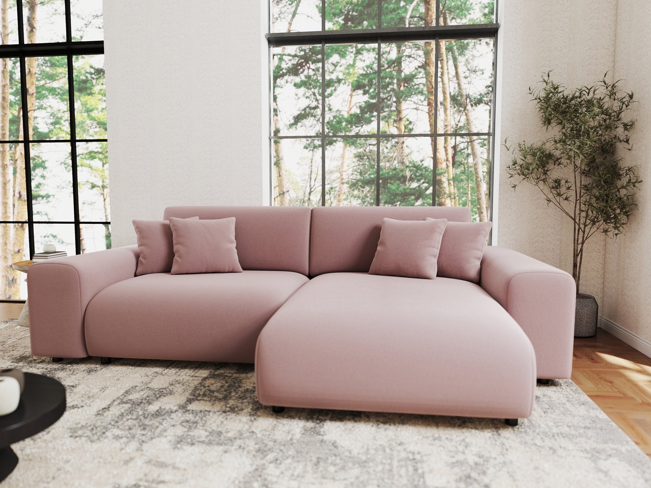 Colțar extensibil dumonde cu ladă de depozitare si sezut confortabil din spuma HR, Sarina Royal Roz 255x168 cm II