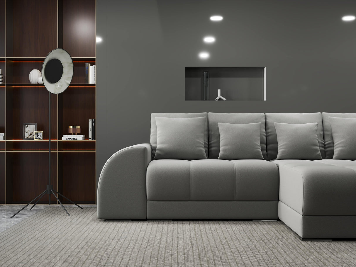 Colțar extensibil dumonde cu ladă de depozitare si sezut confortabil din spuma HR, Verona Royal Gri II 290x185 cm Fabrica