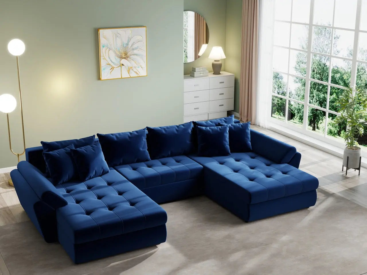 Colțar extensibil dumonde cu ladă de depozitare si sezut confortabil din spuma HR, Loana U Royal Blue 355x185 cm Fabrica